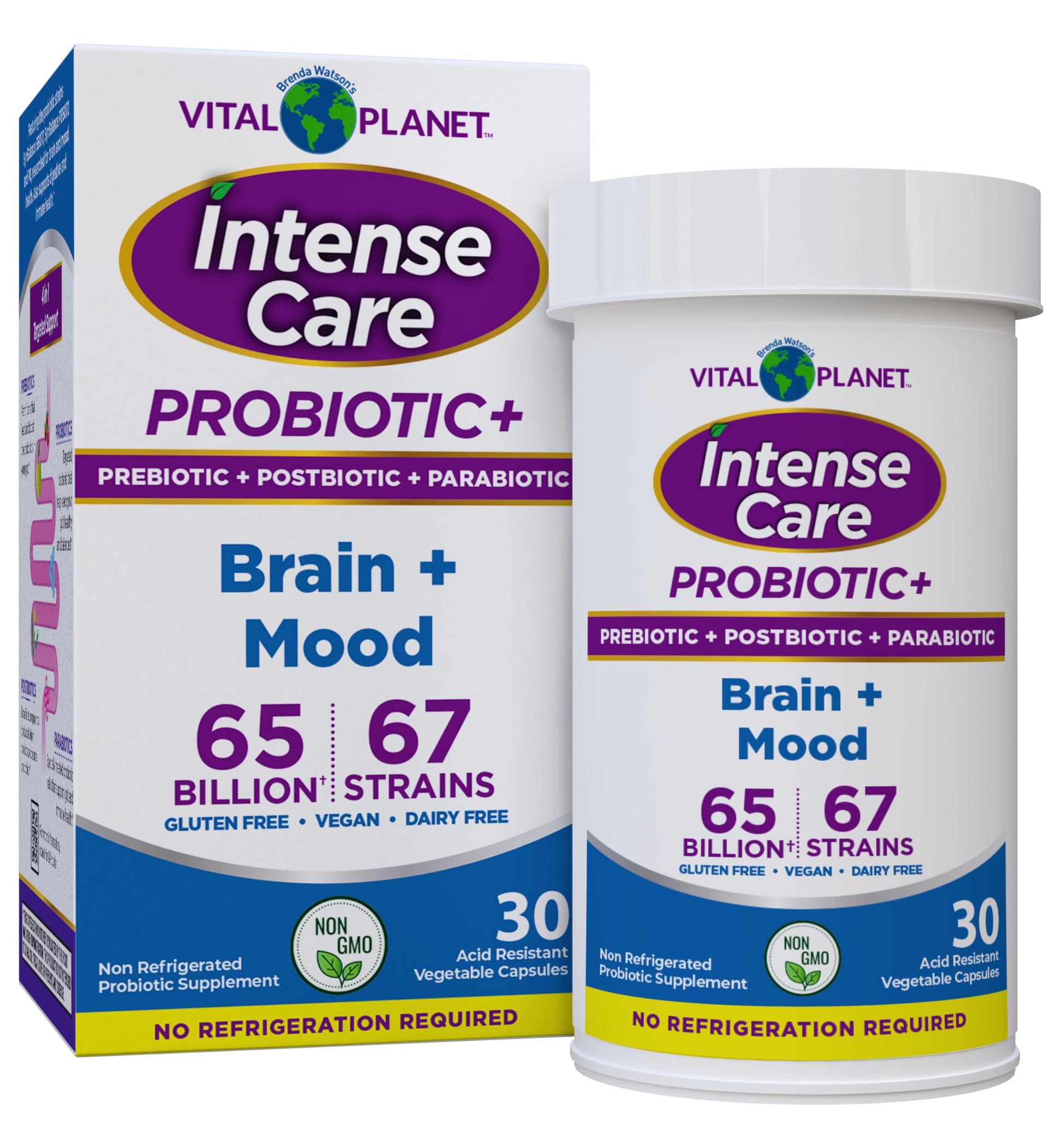 Vital Planet - Intense Care Brain & Mood Probiotics, Organic Prebiotics, Postbiotics, Parabiotics, Complete 4-in-1 Health Supplement for Adults, 65 Billion CFU, 67 Strains, Digestive and Immune 30 ct Vital Planet uk supplements