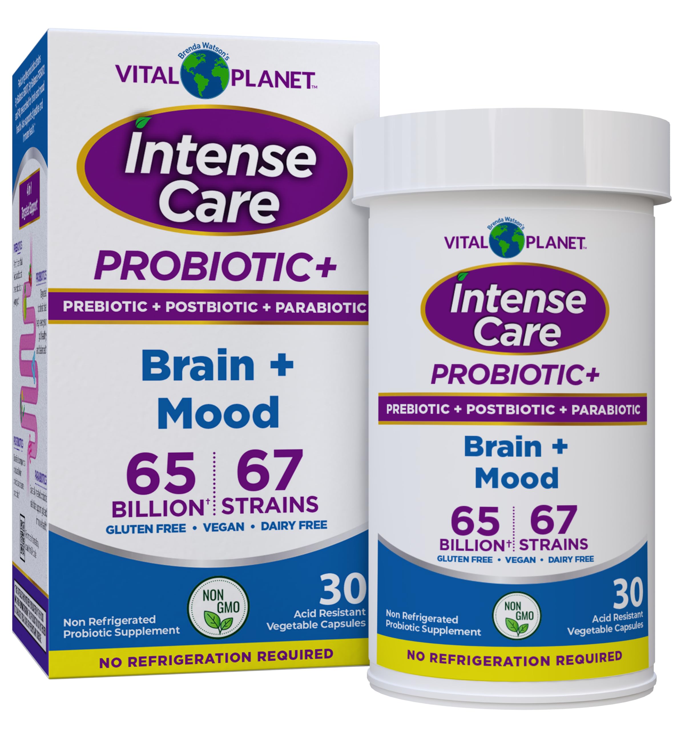 Vital Planet - Intense Care Brain & Mood Probiotics, Organic Prebiotics, Postbiotics, Parabiotics, Complete 4-in-1 Health Supplement for Adults, 65 Billion CFU, 67 Strains, Digestive and Immune 30 ct Vital Planet uk supplements