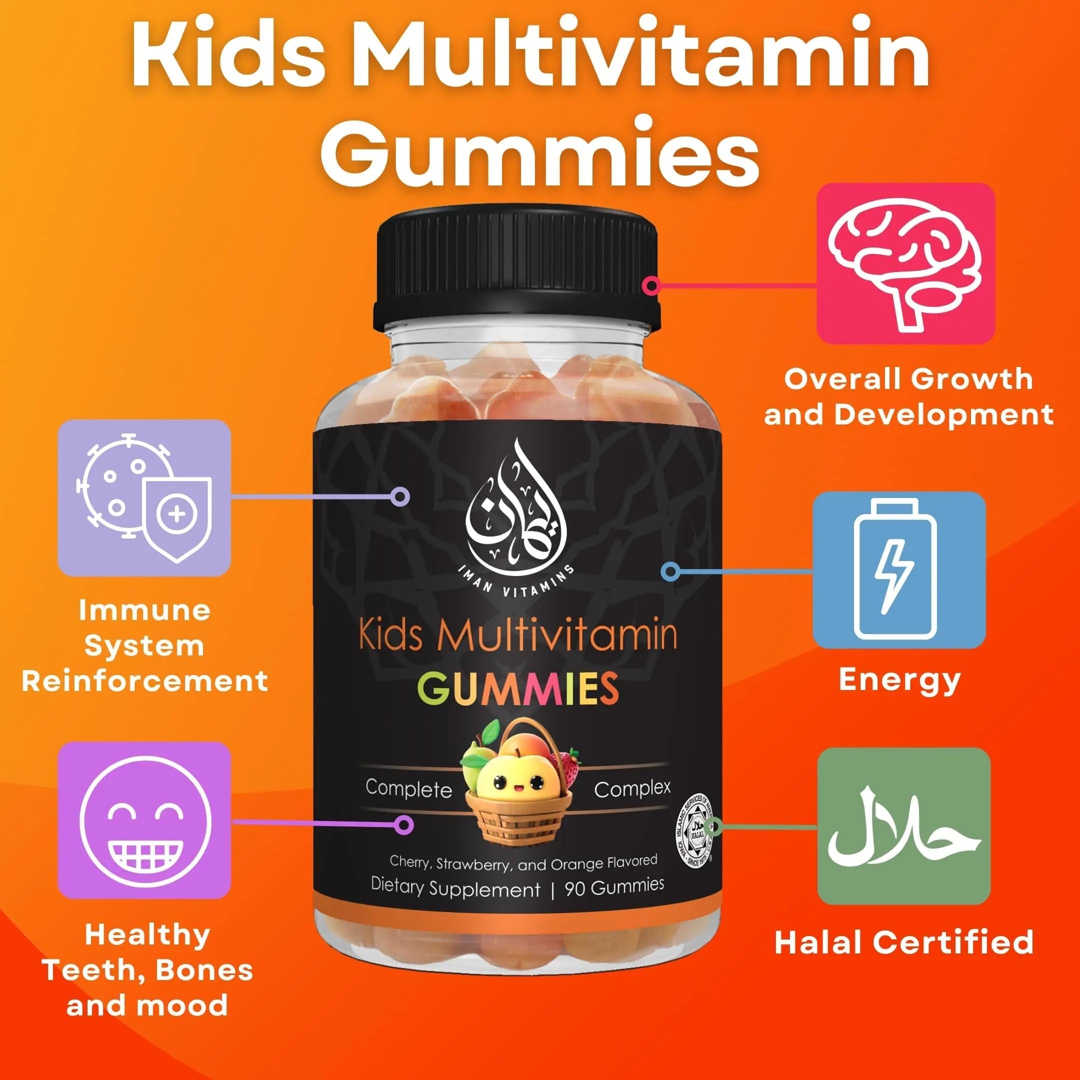 Iman Vitamins Halal Kids Multivitamin Gummies | Vitamin C, D, Zinc, A, E, B6, B12, Biotin, Folate, Inositol | Strengthen Metabolism, Bones & Immunity | Iman Vitamins uk supplements