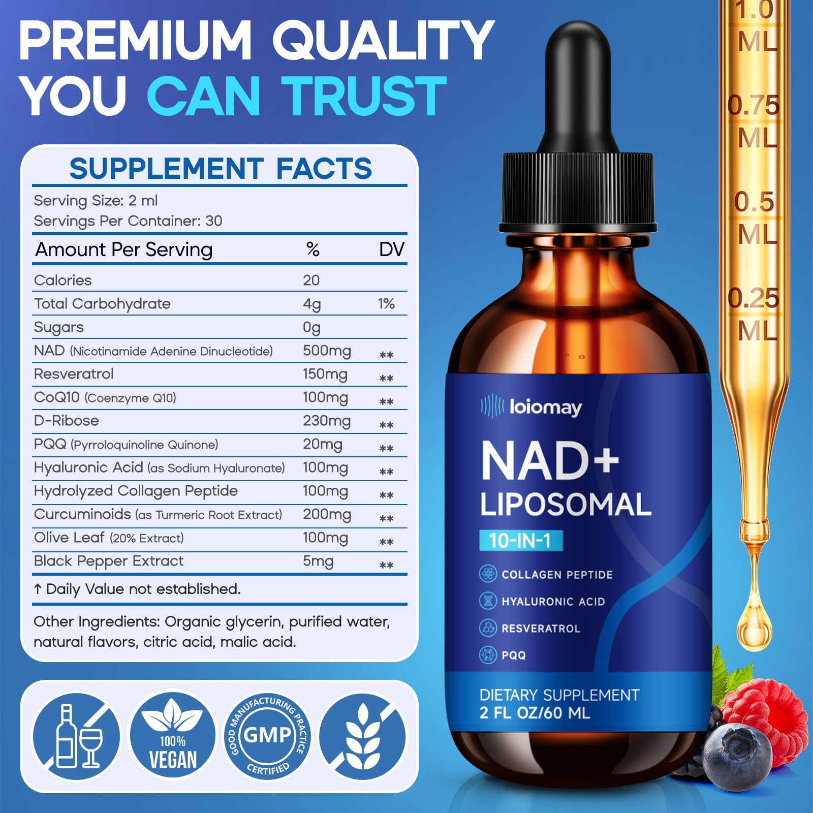 Liposomal NAD Liquid Supplement - 1500mg NAD+ Drops for Women & Men with Resveratrol & Nicotinamide Riboside, PQQ, Collagen & Turmeric for Anti-Aging & Longevity, Cellular Energy Health, 2 Fl Oz loiomay uk supplements
