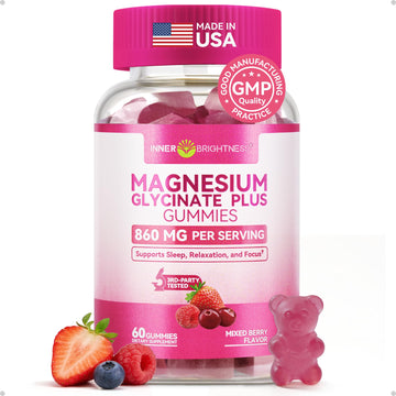 Magnesium Glycinate Plus Gummies 860mg, Sugar-Free, Non-GMO, Gluten-Free, Magnesium Gummies for Adults & Kids, Sleep, Relaxation & Focus, Magnesium Supplement for Women, Mixed Berry Flavor, 60 Count Inner Brightness uk supplements