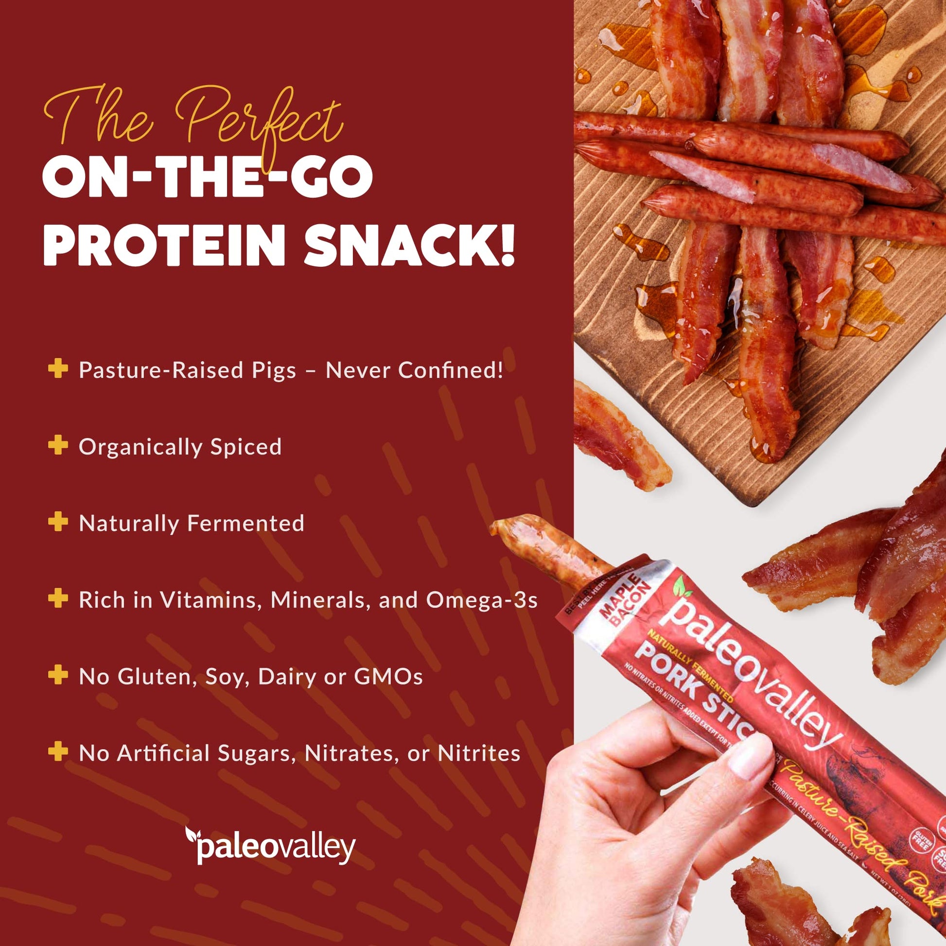 Paleovalley Pasture-Raised Pork Sticks - Maple Bacon Flavor Meat Sticks Individually Wrapped, 28g - 10 Sticks - Gluten-Free Protein Snack Paleovalley uk supplements