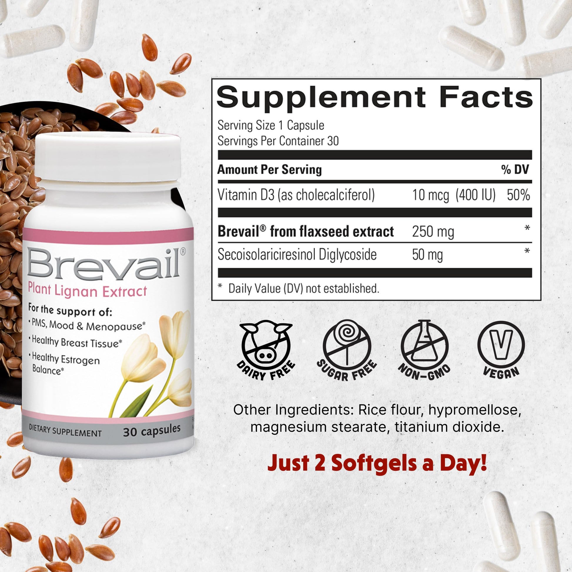 Brevail Plant Lignan Extract Capsules, Proactive Breast Health Supplement with 50 mg SDG Lignans from Flax Seed Hulls for Healthy Estrogen Balance and PMS Mood Support Pills, 30 Count Barlean's uk supplements