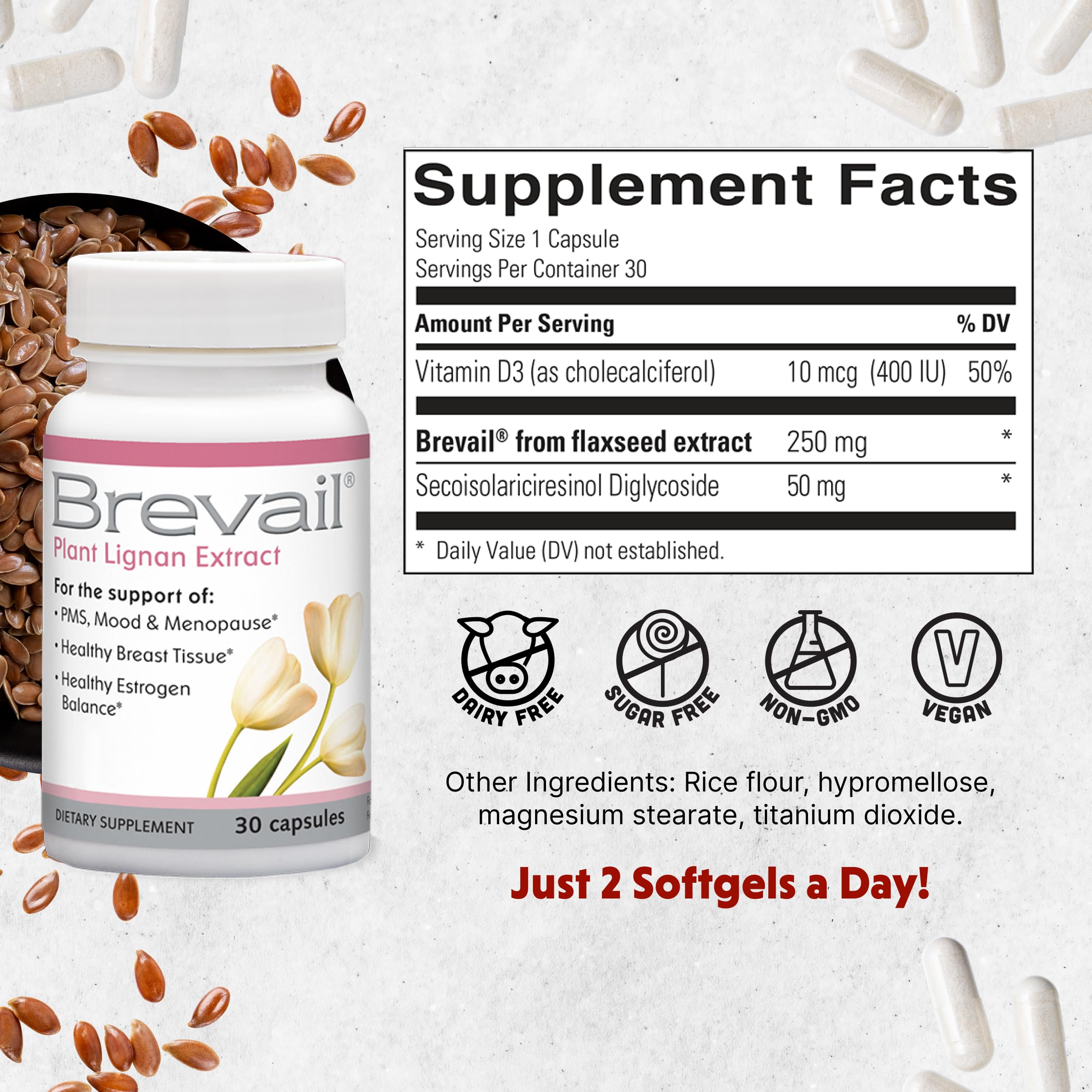 Brevail Plant Lignan Extract Capsules, Proactive Breast Health Supplement with 50 mg SDG Lignans from Flax Seed Hulls for Healthy Estrogen Balance and PMS Mood Support Pills, 30 Count Barlean's uk supplements