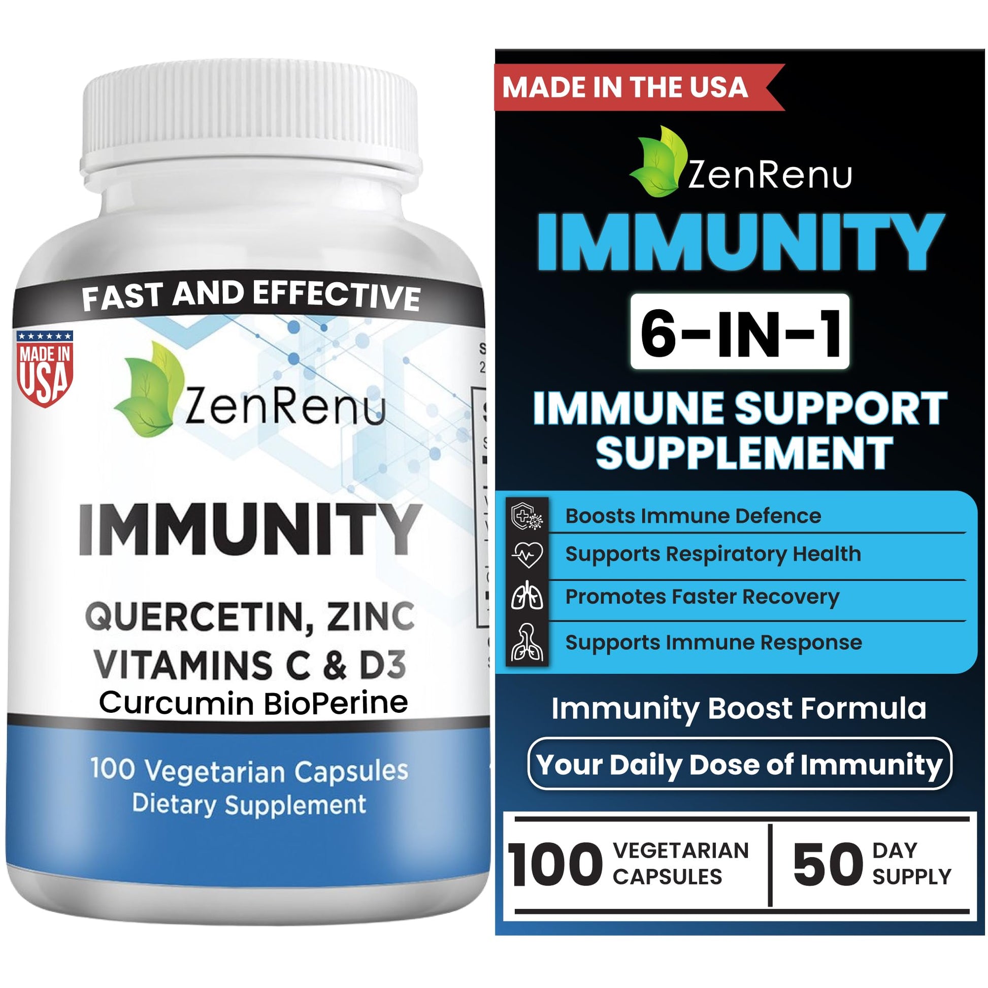 Zenrenu Immunity Quercetin 700 mg Zinc Vitamin C Vitamin D Immune Support Supplement with Curcumin - Easy to Absorb Immunity Supplement, 100 Vegetarian Capsules 50 Day Supply Zenrenu uk supplements
