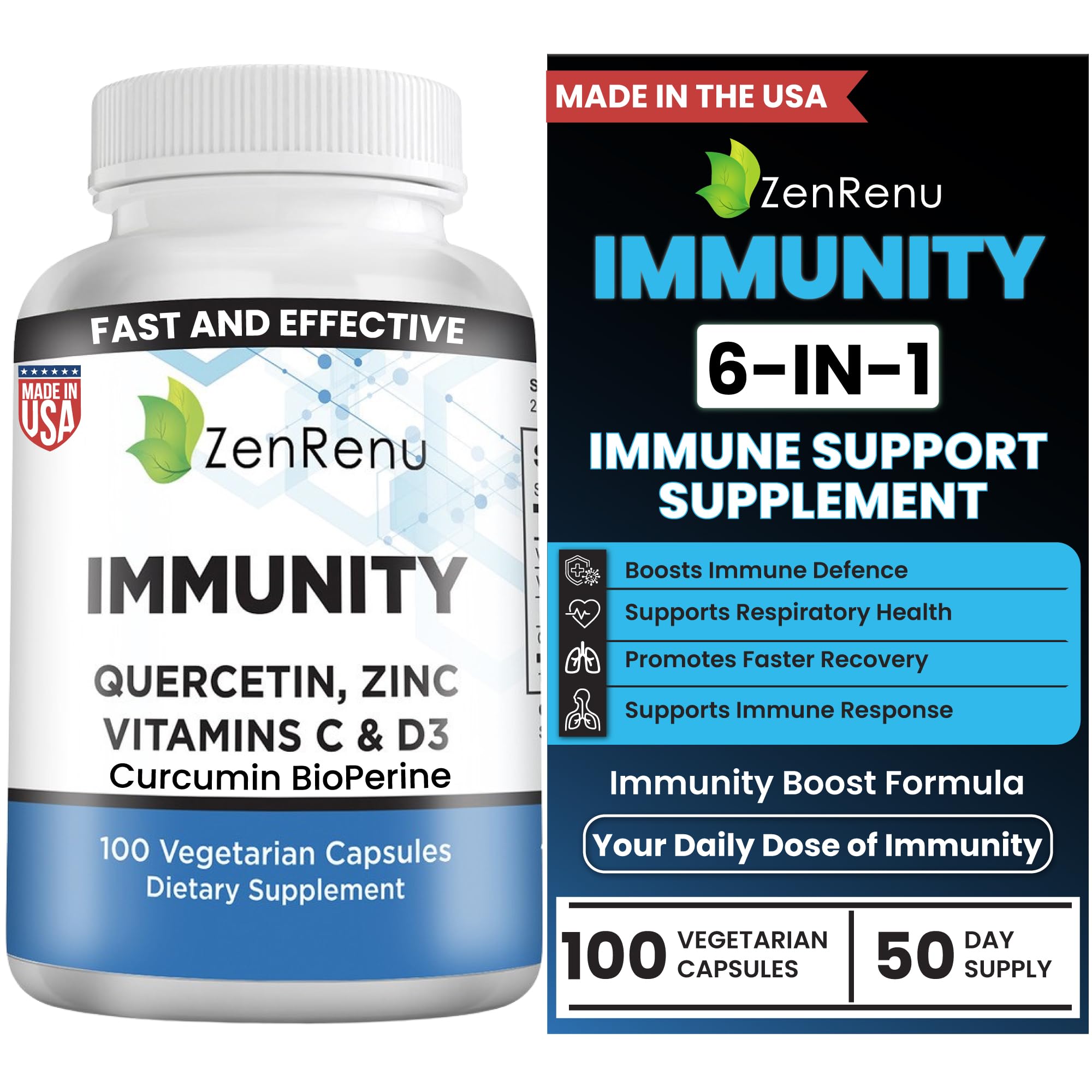 Zenrenu Immunity Quercetin 700 mg Zinc Vitamin C Vitamin D Immune Support Supplement with Curcumin - Easy to Absorb Immunity Supplement, 100 Vegetarian Capsules 50 Day Supply Zenrenu uk supplements