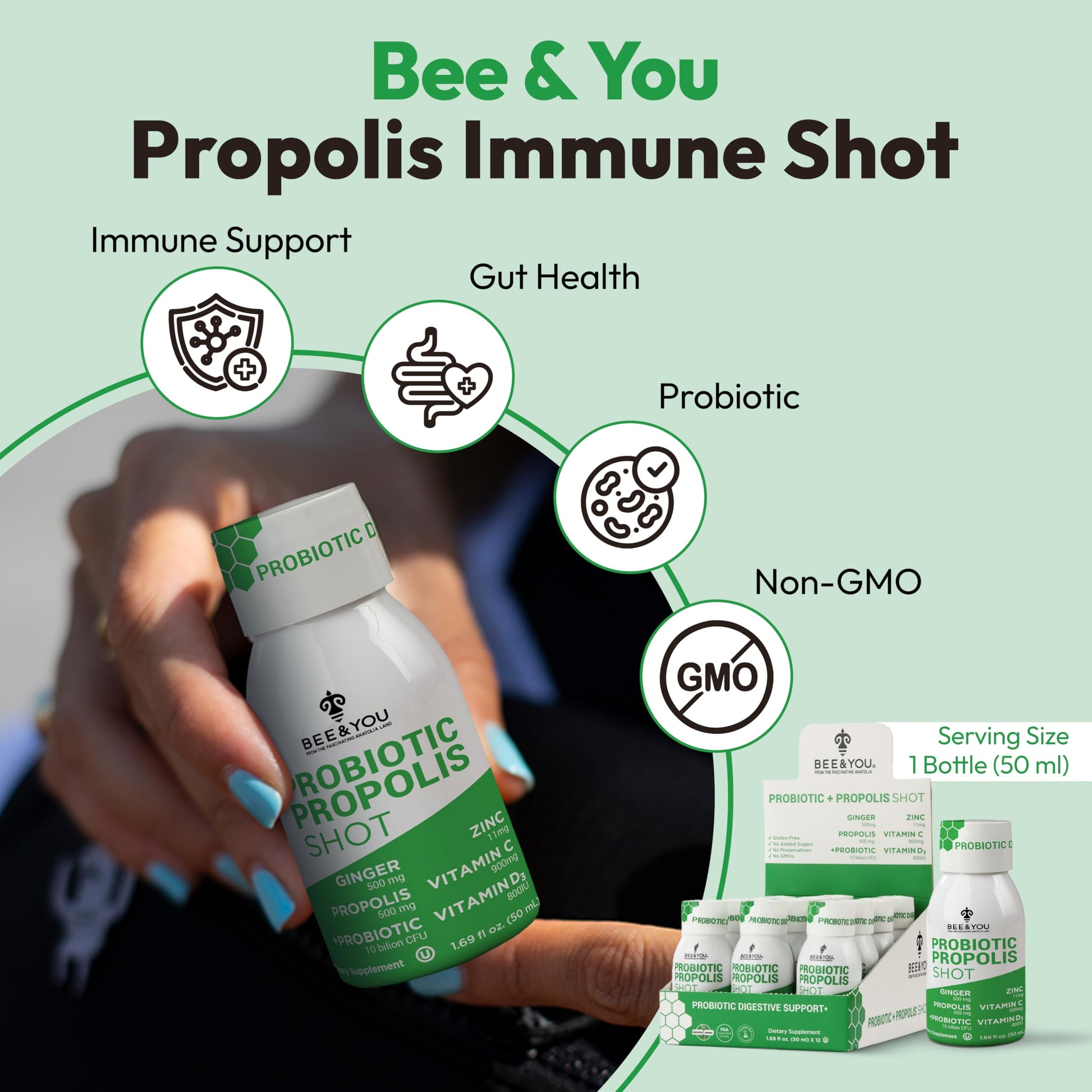 Bee and You Propolis Immune Shot, Probiotic, Vitamin C, Vitamin D3, Zinc, Ginger, Immune Support, Gut Health, Digestive Health, Bioactive 1.69 Fl. oz, 12 Pack BEE & YOU uk supplements