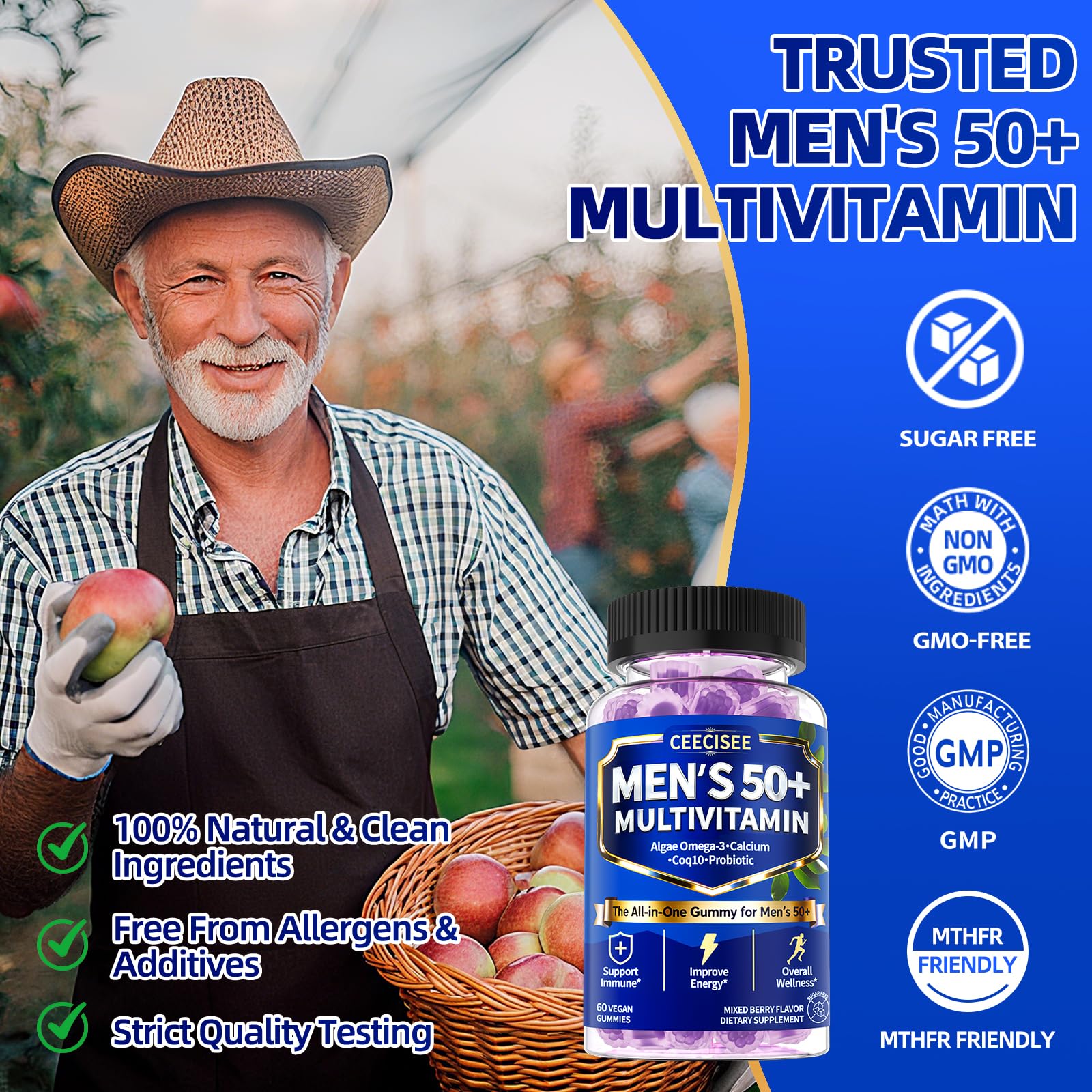 Ceecisee Methylated Multivitamin for Men Over 50: Daily Mens Multivitamins Gummies with Omega Probiotic Magnesium Zinc Vitamins D3 B12 - Energy Immune Support No Iron Vitamins Gummy for Men(60Count) Ceecisee uk supplements