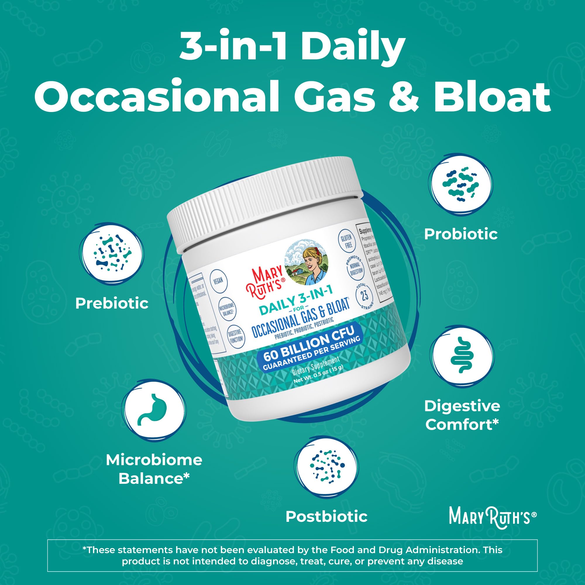 MARYRUTH'S 3-in-1 Gas & Bloat Probiotic Powder | Probiotics for Normal Digestive Function | Probiotics for Women & Men | Prebiotics & Postbiotics | 60 Billion CFU | 23 Unique Strains | 0.5 oz MARYRUTH'S uk supplements