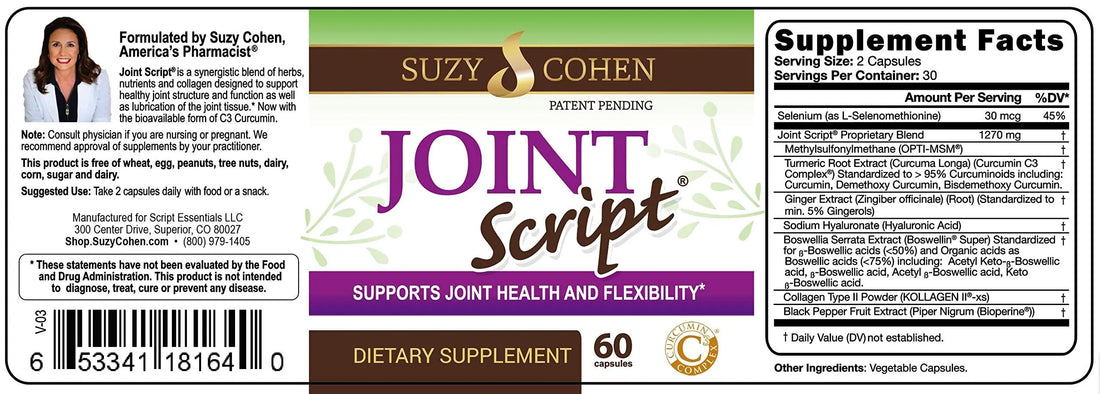 Suzy Cohen Joint Script Joint Support Supplement with Hyaluronic Acid, C3 Curcumin Turmeric Extract, MSM, Collagen Peptides, Ginger, and Boswellia for Maximum Flexibility, Tendon and Cartilage Health Script Essentials uk supplements