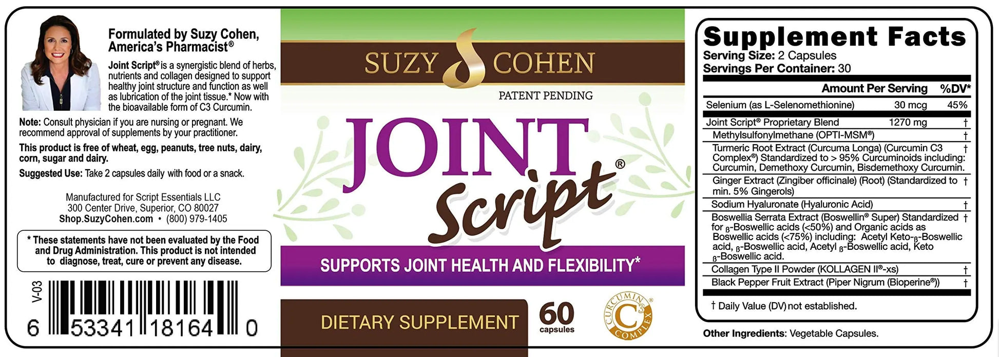 Suzy Cohen Joint Script Joint Support Supplement with Hyaluronic Acid, C3 Curcumin Turmeric Extract, MSM, Collagen Peptides, Ginger, and Boswellia for Maximum Flexibility, Tendon and Cartilage Health Script Essentials uk supplements