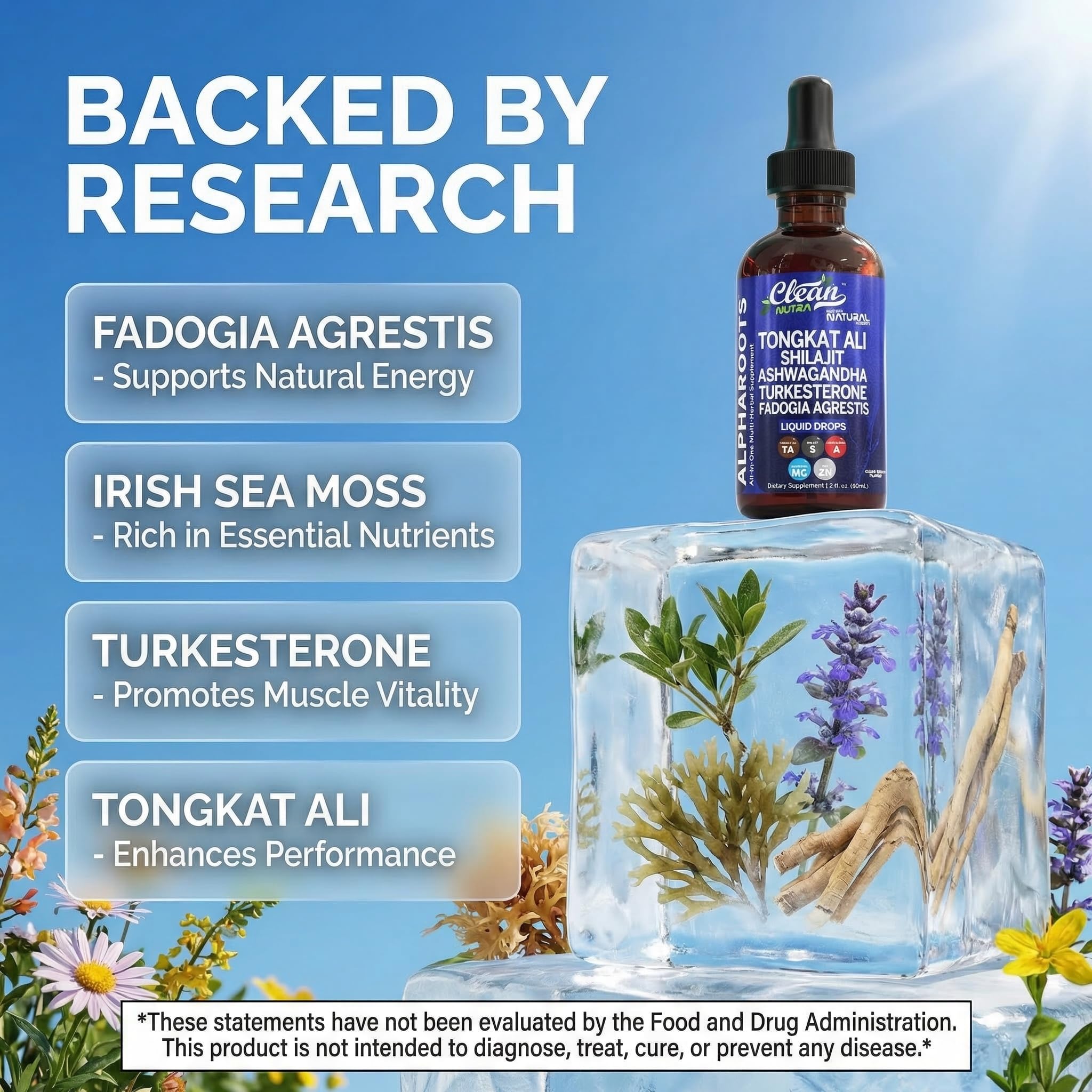 Tongkat Ali Liquid Drops Shilajit, Ashwagandha, Turkesterone, Fadogia Agrestis, Magnesium, Irish Sea Moss, and Zinc Herbal Supplement by Clean Nutra Clean Nutraceuticals uk supplements