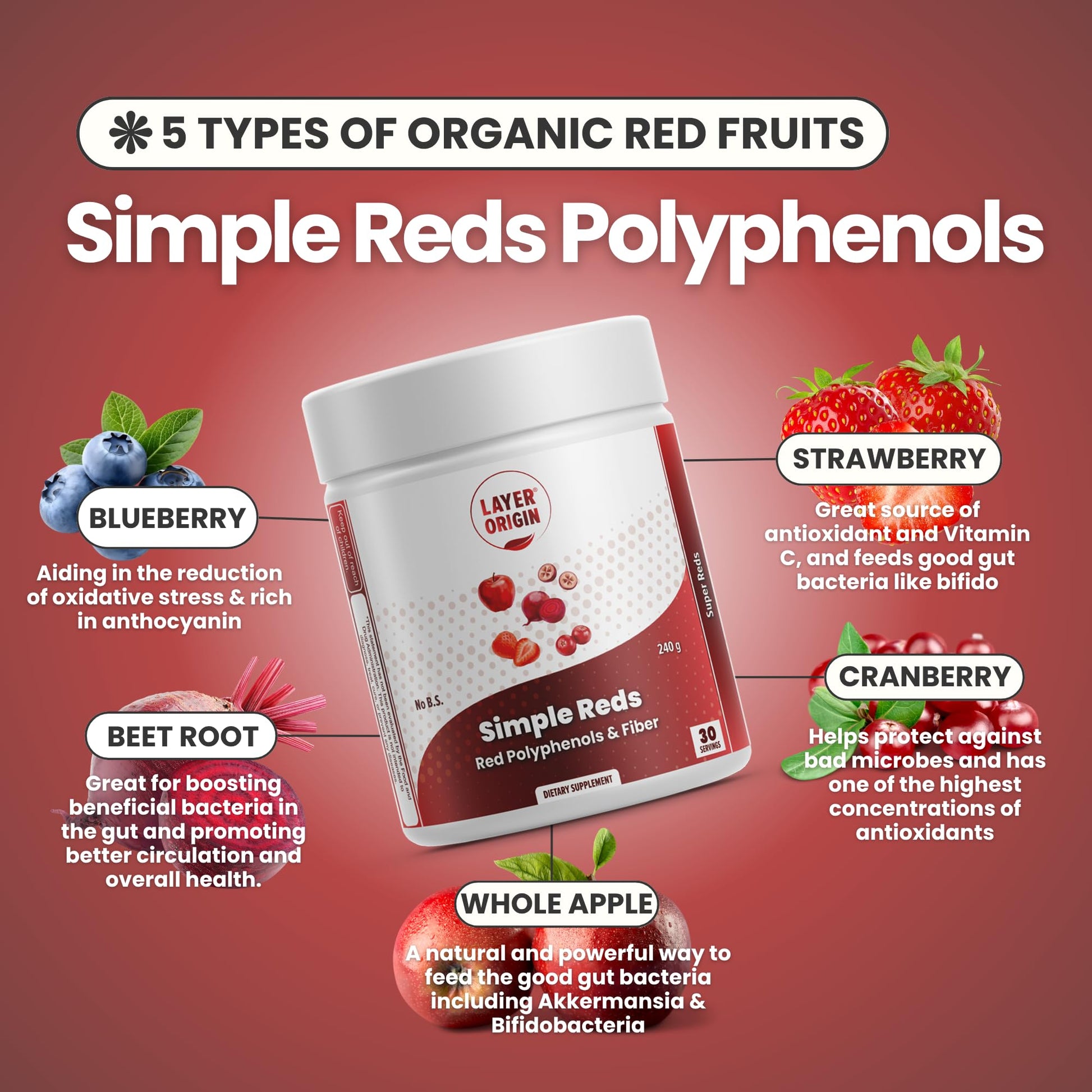 Layer Origin Simple Reds - Organic Red Polyphenols Whole Fruit Powder | Five Real Whole Fruits | 30 Servings Layer Origin uk supplements