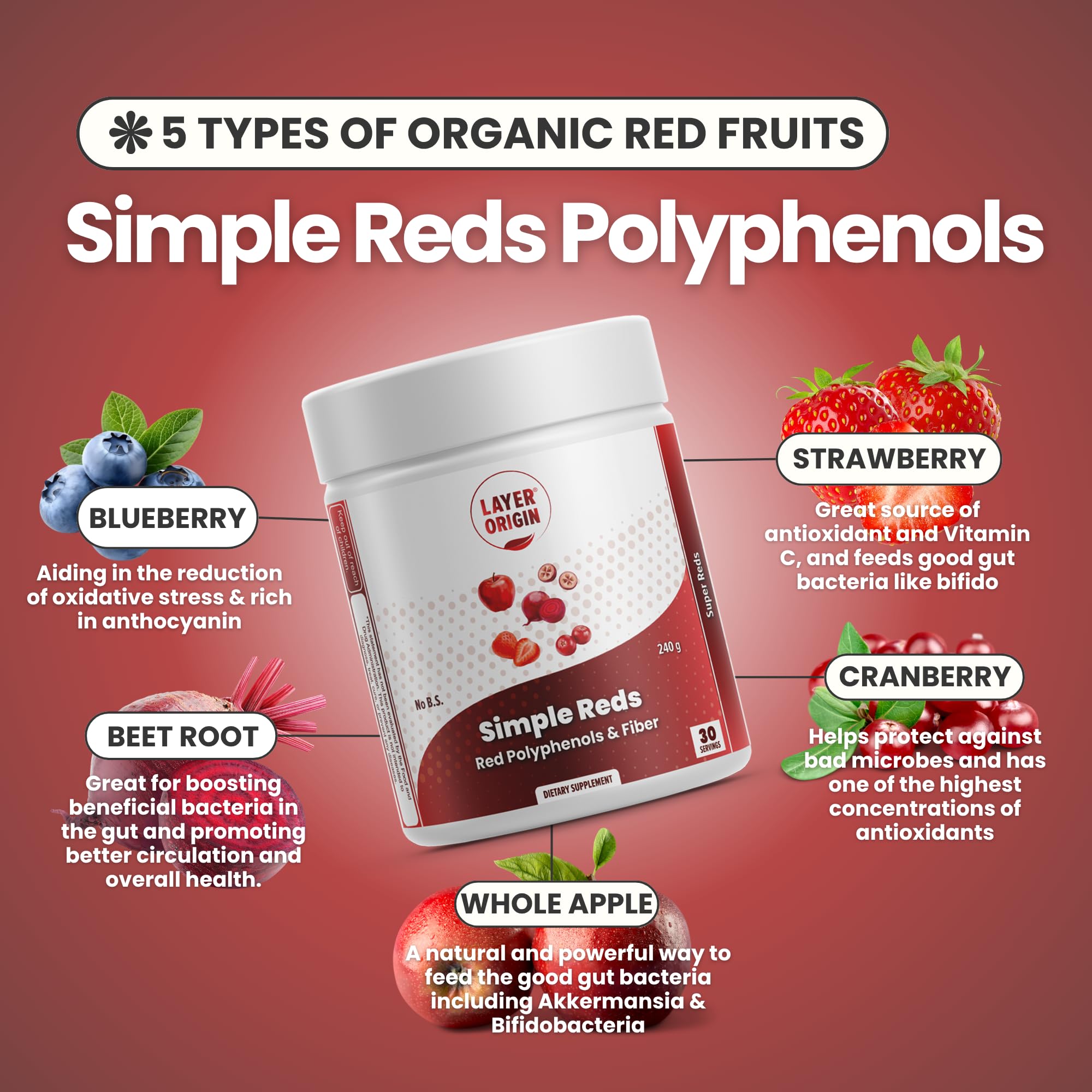 Layer Origin Simple Reds - Organic Red Polyphenols Whole Fruit Powder | Five Real Whole Fruits | 30 Servings Layer Origin uk supplements