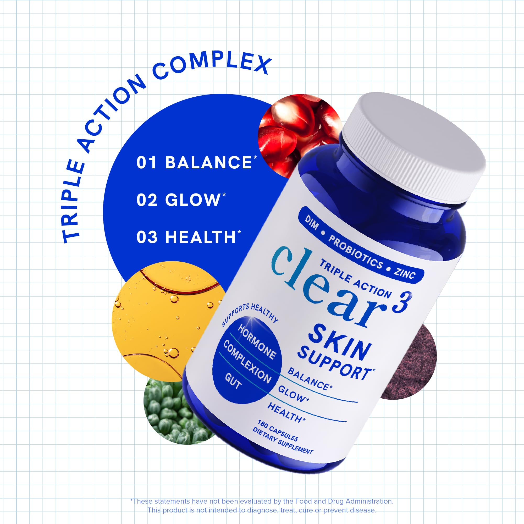 Clear Skin Supplement with Zinc, DIM & Probiotics | 3-in-1 Balance, Glow & Health Skin Support | Triple Action Hyaluronic Acid, Niaciminide & Vitamins for Hormone, Complexion & Gut Support | 180 Ct SMNutrition uk supplements