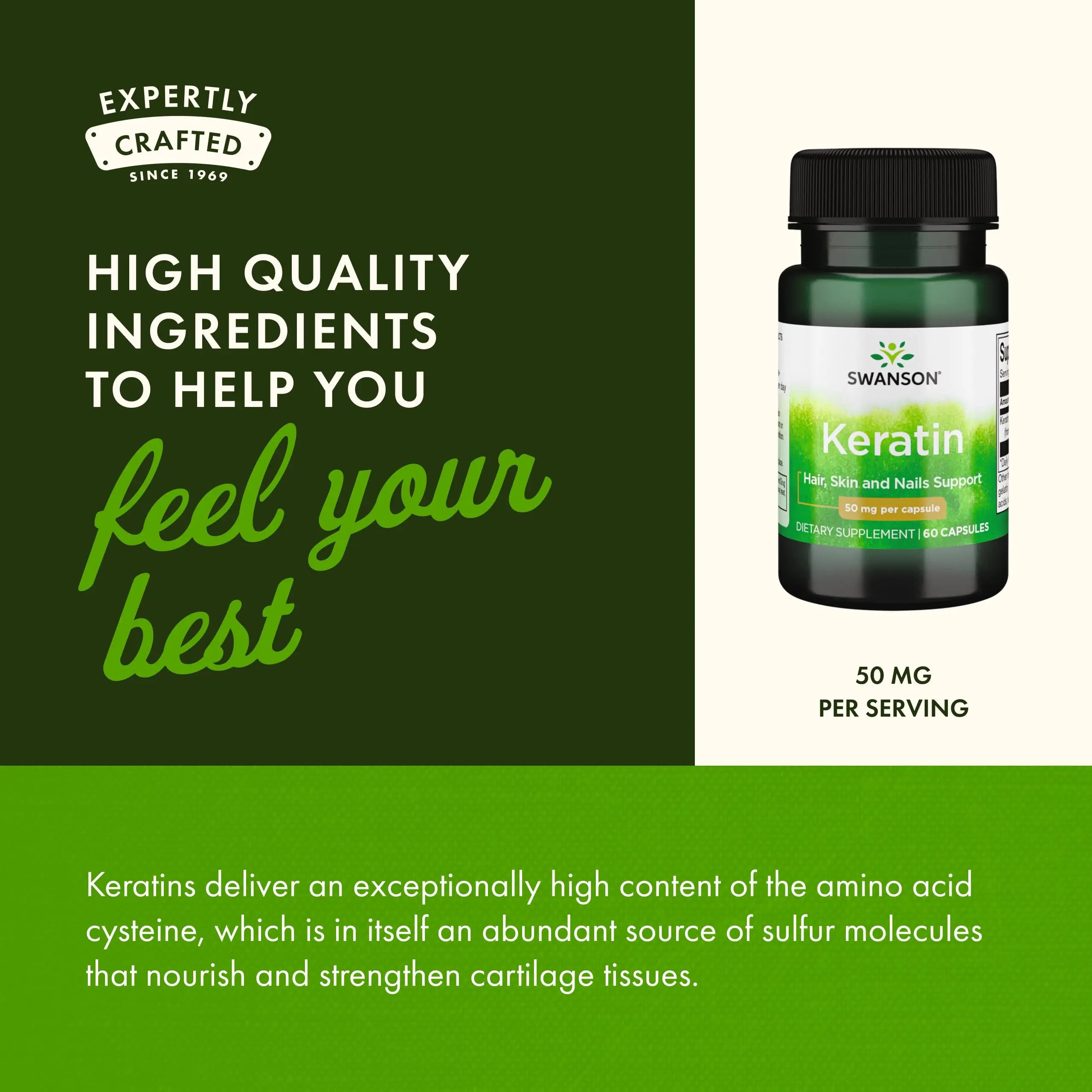 Swanson Keratin (from Tibetan Wool) - Natural Supplement Promoting Healthy Joints, Hair, Skin & Nails - Helps Nourish Healthy Connective Tissues - (60 Capsules, 50mg Each) Swanson uk supplements