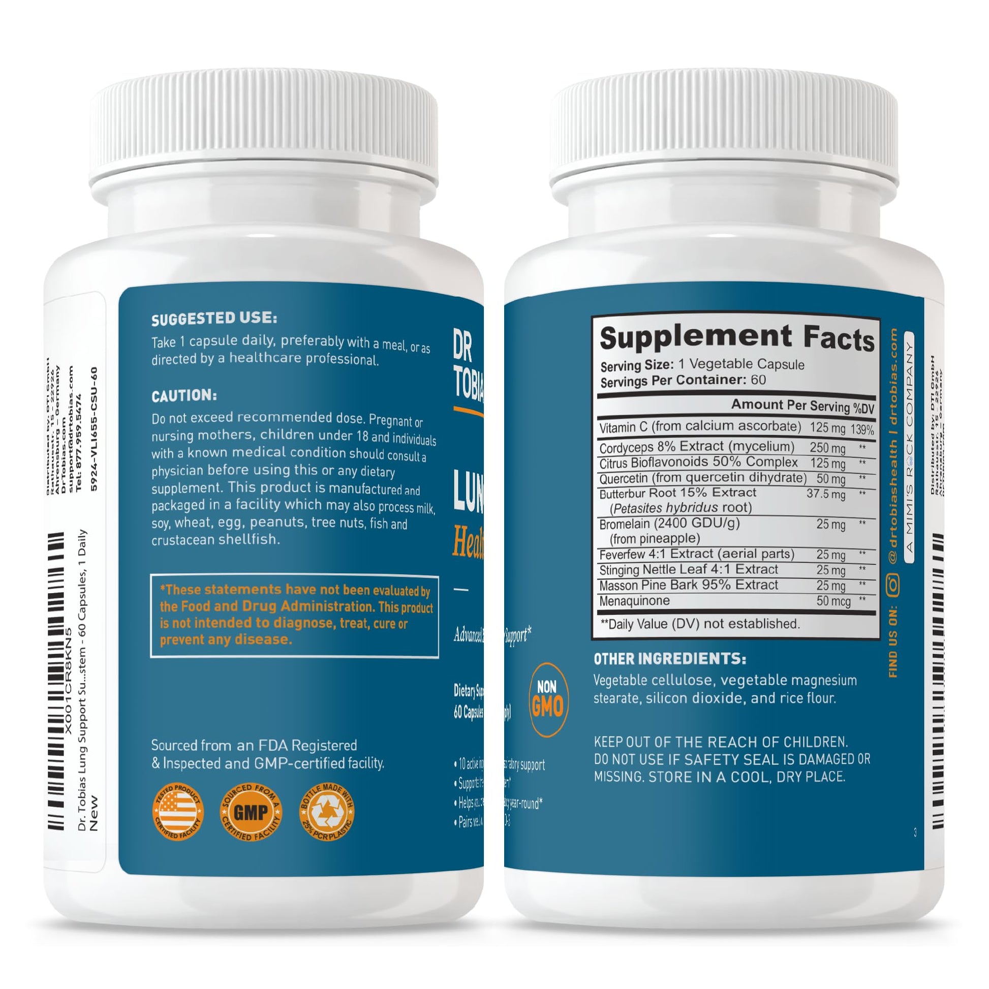 Dr. Tobias Lung Health - Lung Support Supplement with Vitamin C, Butterbur, Quercetin & Bromelain | Lung Cleanse & Detox Formula for Bronchial & Respiratory System Non-GMO (60 Capsules, 60 Servings) Dr. Tobias uk supplements