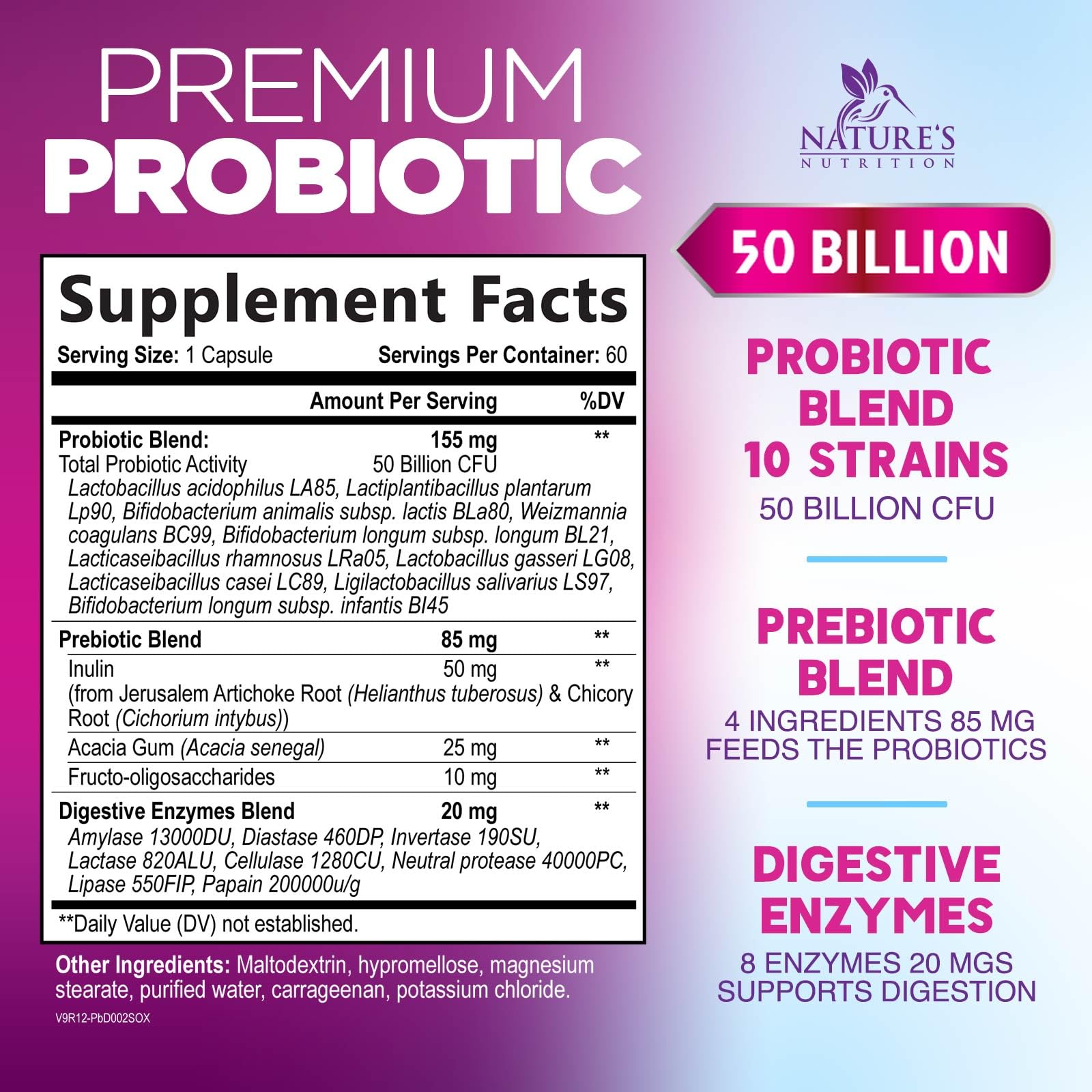 Probiotics 50 Billion CFU per Serving - 10 Strains + Prebiotics - Digestive Health, Gut & Immune Support - Supports Occasional Constipation, Gas & Bloating for Women & Men Shelf Stable - 60 Capsules Nature's Nutrition uk supplements
