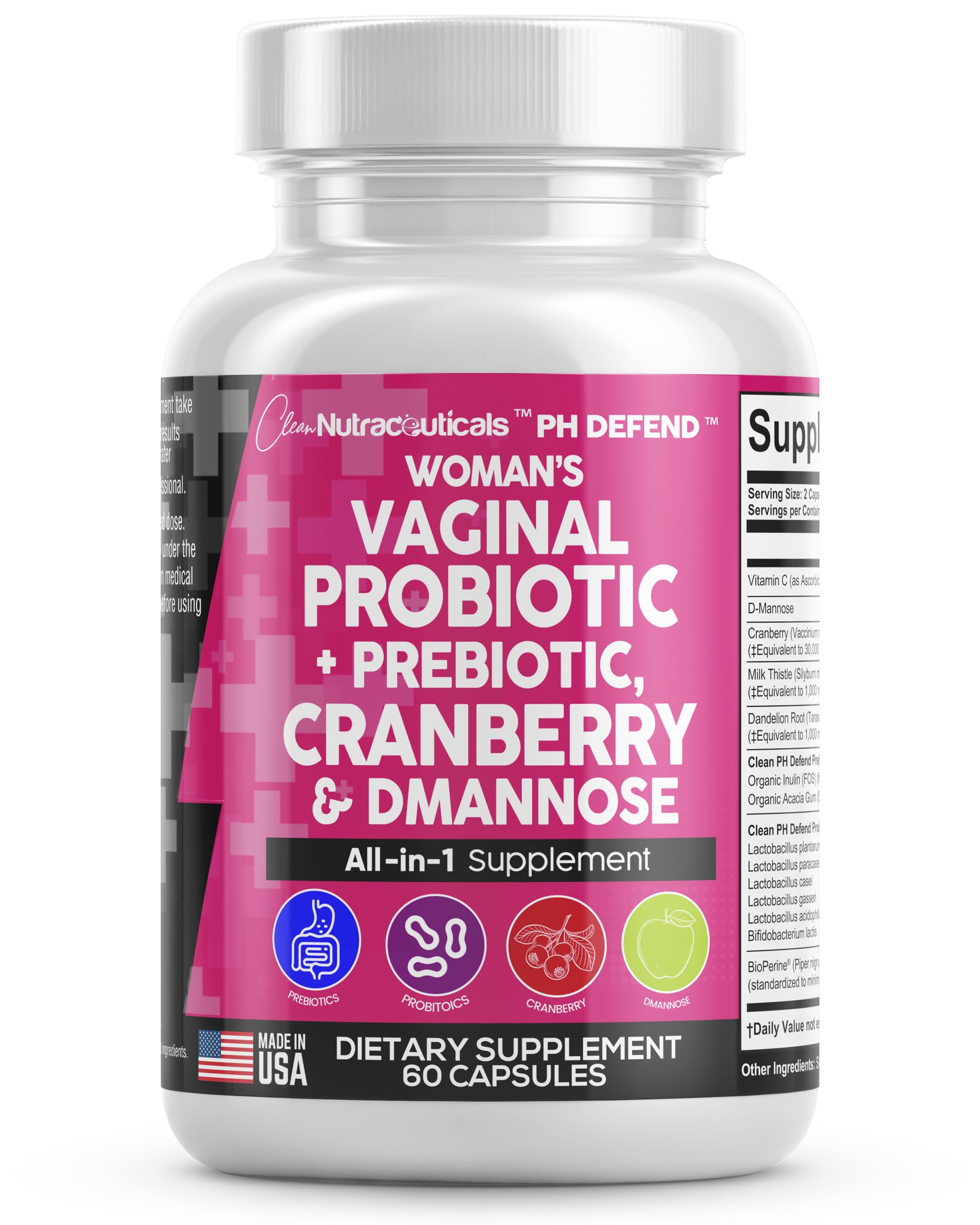 Vaginal Probiotics For Women + Prebiotics 20 Billion Cranberry Pills 30,000mg w/ D-Manno Clean Nutraceuticals uk supplements
