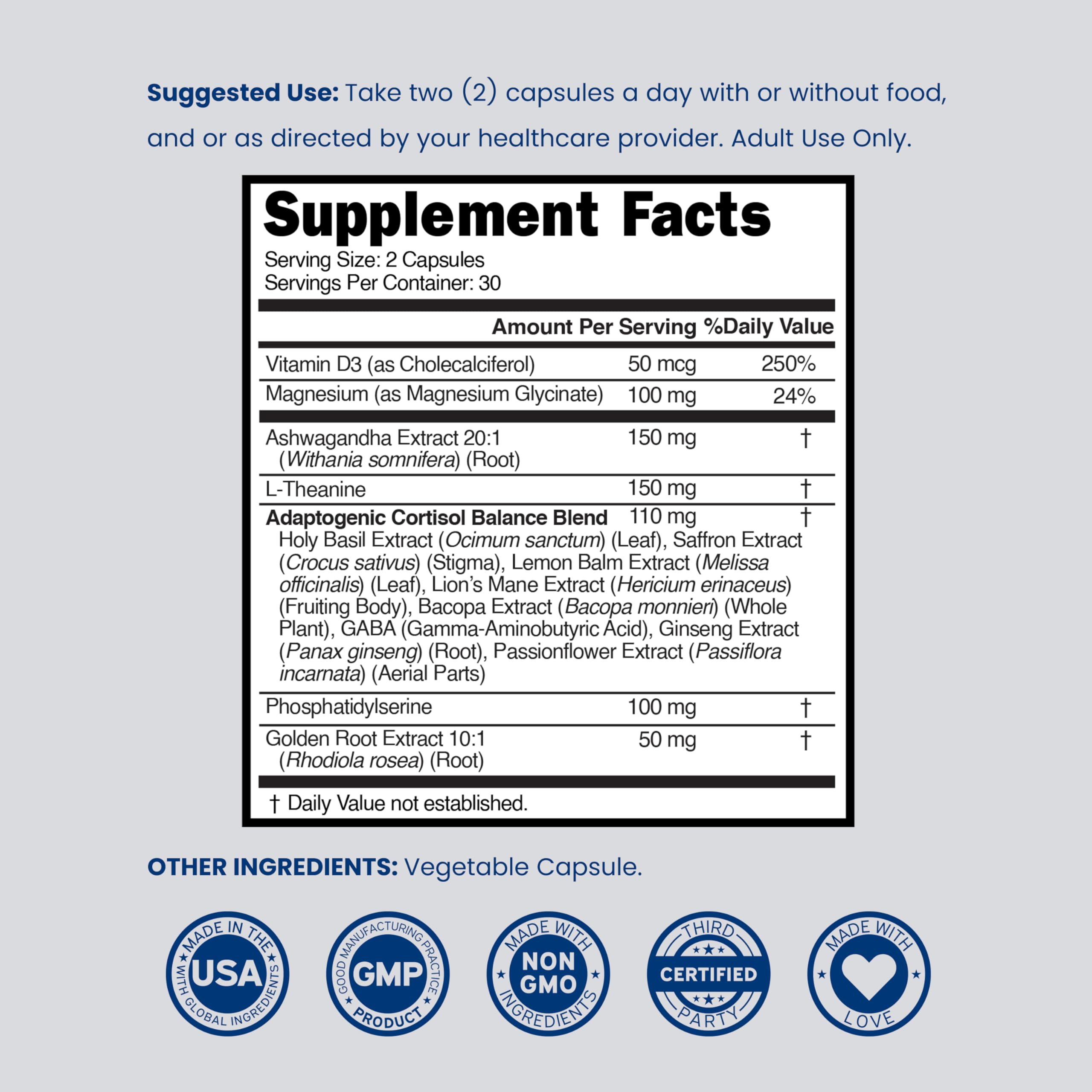 Cortisol Supplements for Women & Men with 14 in1 Blend (Magnesium, Ashwagandha, L Theanine & More) Healthy Cortisol Balance & Calm Mood Support - Third Party Tested, Non GMO, USA Made - 60 Count DORADO NUTRITION uk supplements