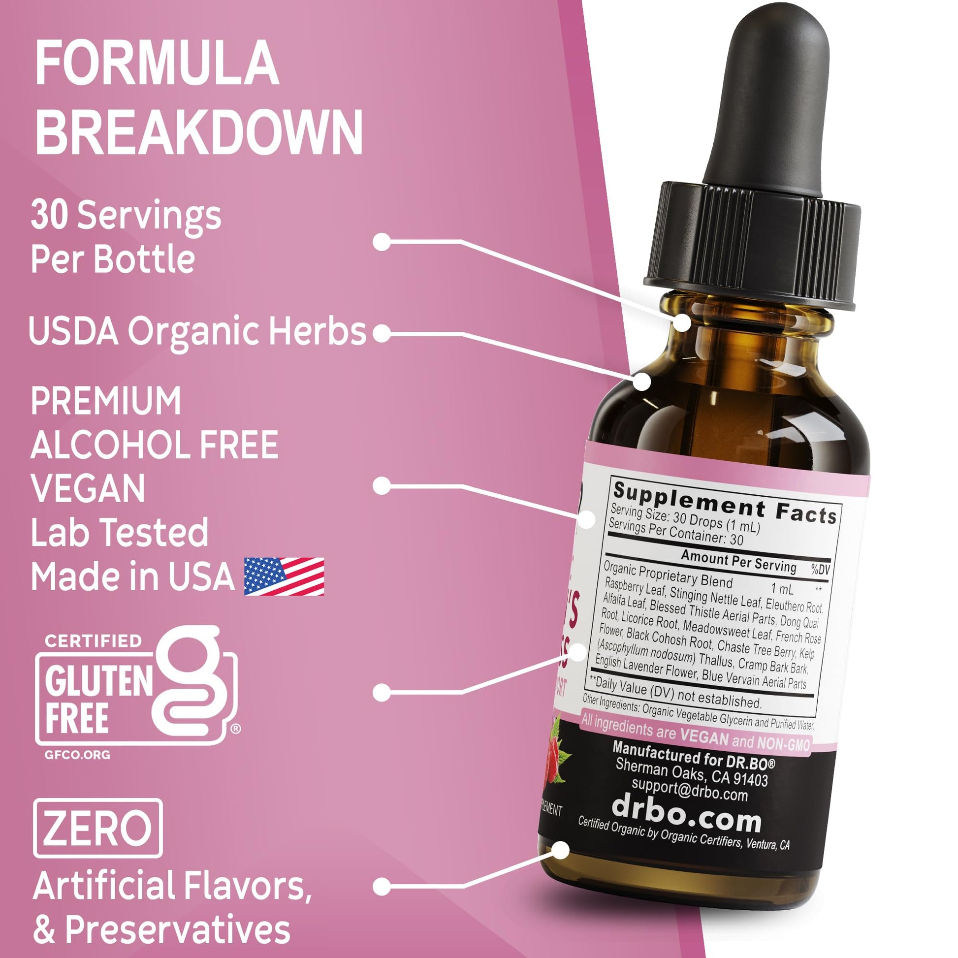 Hormone Balance for Women & PMS Relief - Women's Wellness Organic Hormonal Balance Supplements Liquid Drops & Menstrual Cramp Period Support - Raspberry Leaf, Chasteberry, Black Cohosh Supplement 1 Oz DR. BO uk supplements