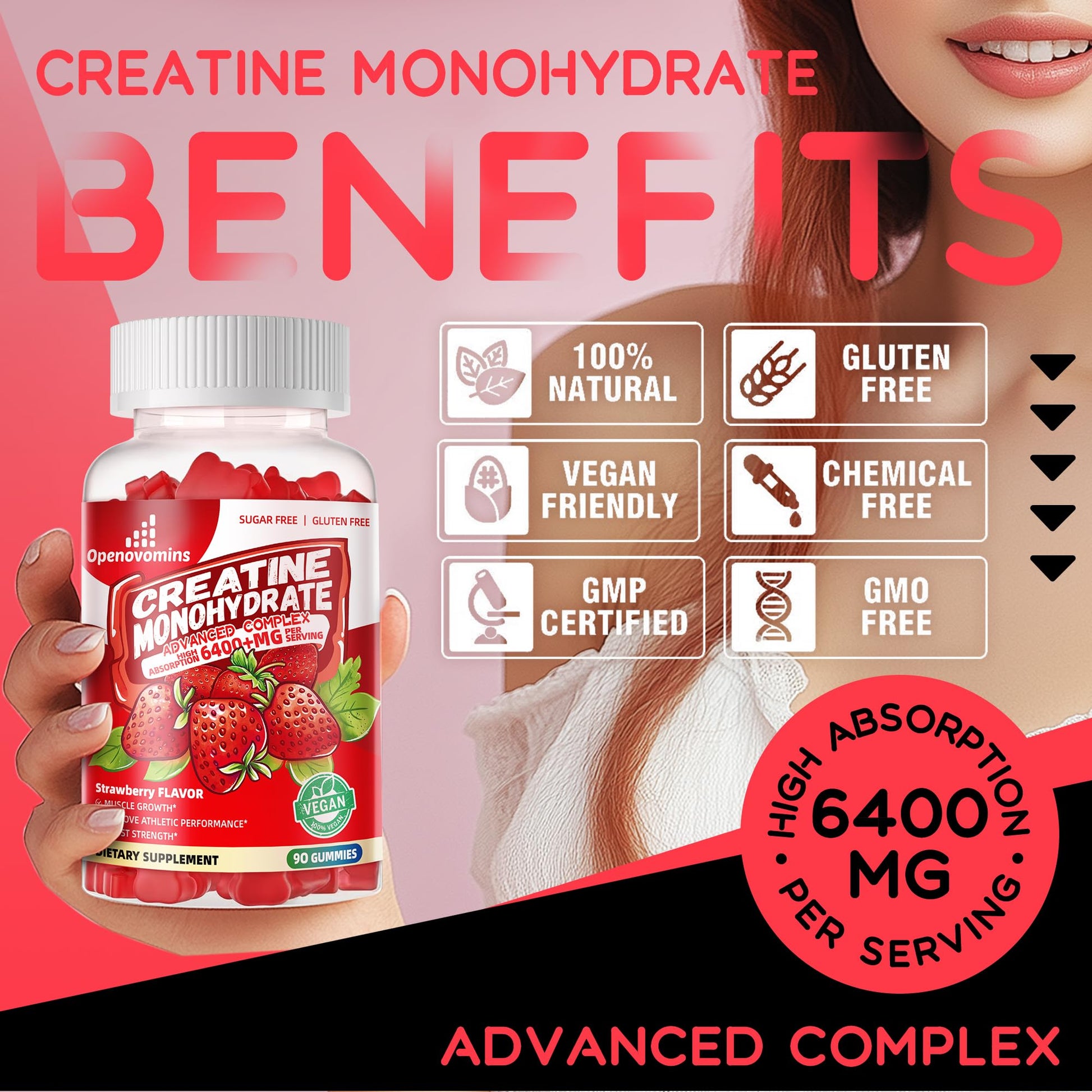 Creatine Monohydrate Gummies Complex for Men & Women -Advanced Formula W/L-Taurine + Vitamin B12, Sugar Free Chewable Supplement,90 Strawberry Gummies Openovomins uk supplements