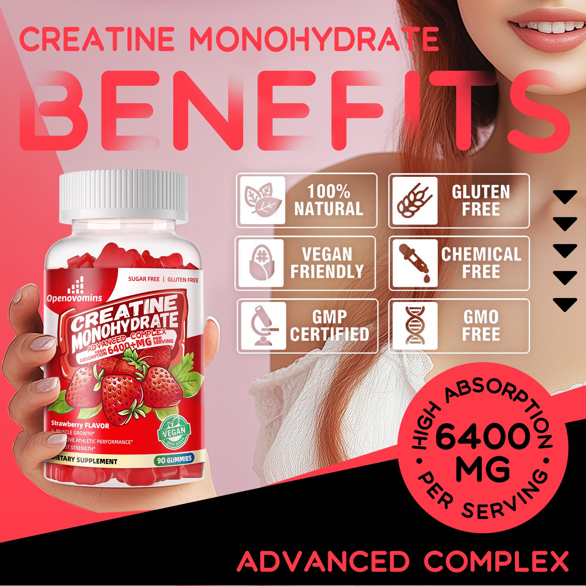Creatine Monohydrate Gummies Complex for Men & Women -Advanced Formula W/L-Taurine + Vitamin B12, Sugar Free Chewable Supplement,90 Strawberry Gummies Openovomins uk supplements