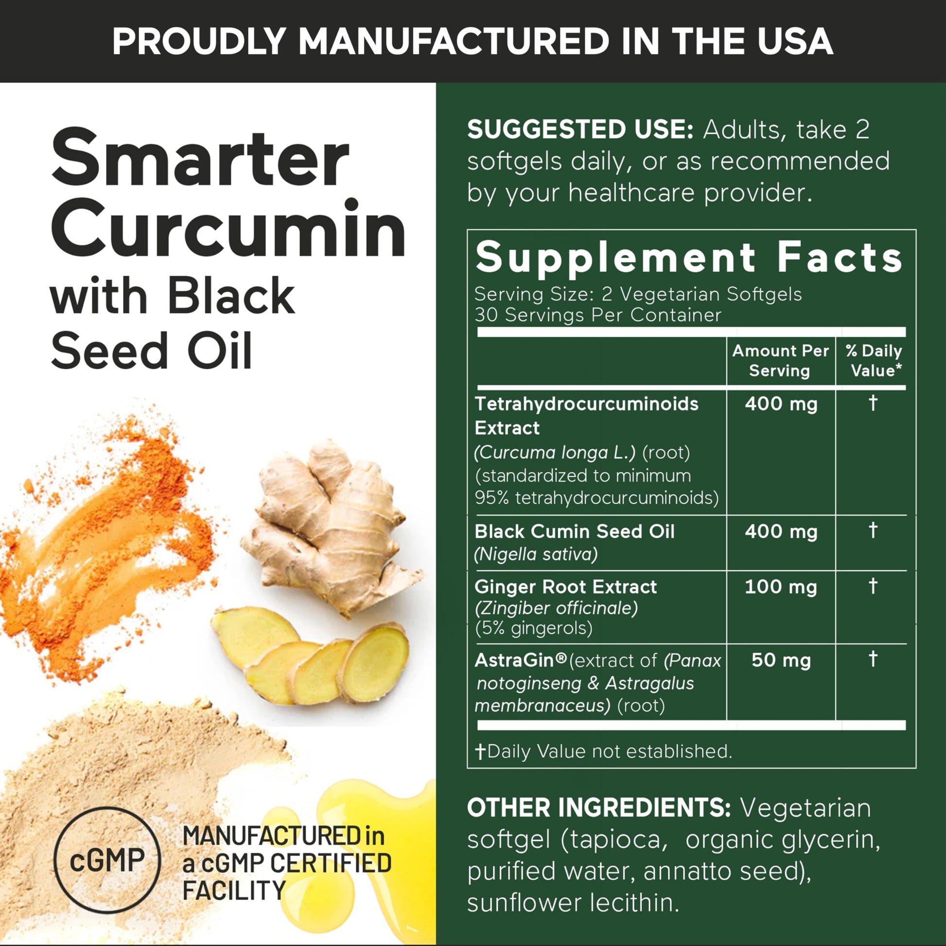SMARTERNUTRITION Curcumin Softgels - Vegan High Absorption 400 mg Turmeric Supplement + Black Seed Oil & Ginger - 95% Tetrahydrocurcuminoids Non-GMO, USA Manufactured - 60 Ct[30 Servings] SMARTERNUTRITION uk supplements