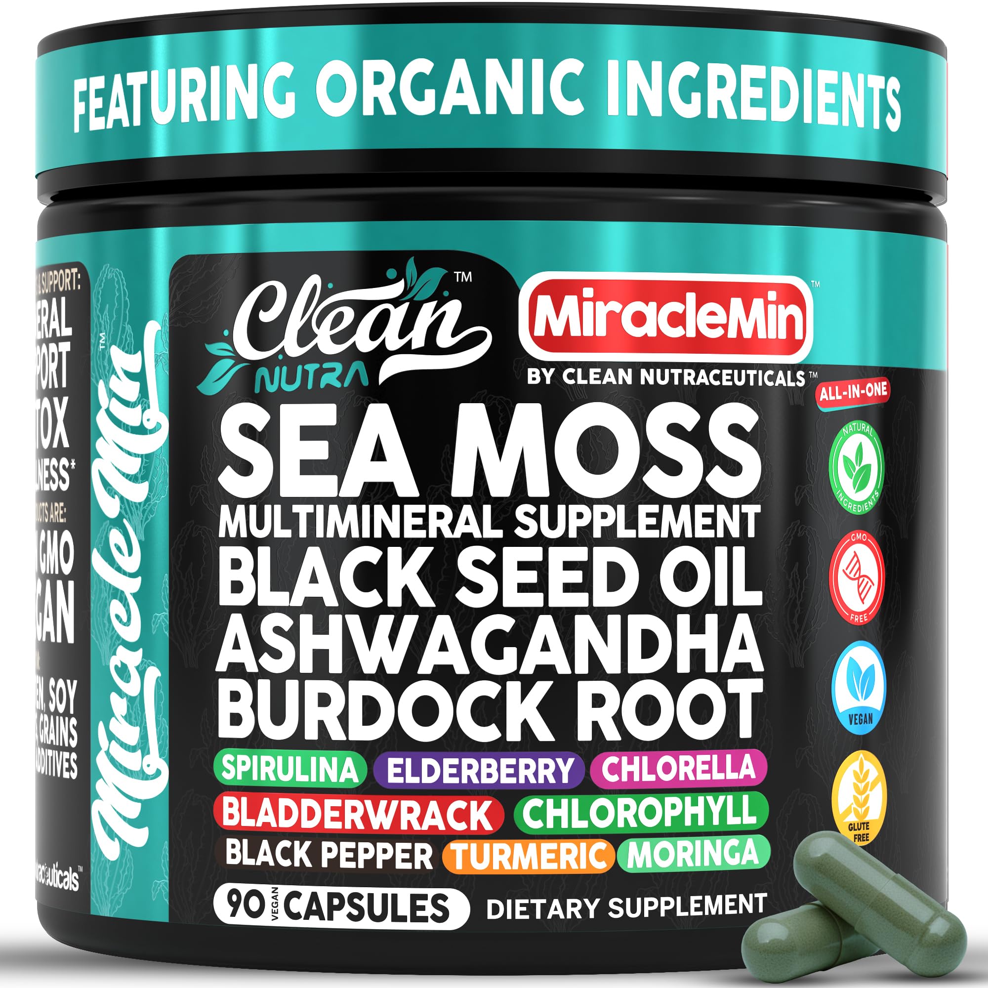 Clean Nutra Organic Sea Moss Capsules with Ashwagandha, Black Seed Oil, Burdock Root, Bladderwrack, Moringa, Chlorella, Spirulina, Turmeric, Elderberry, Amla – 90 Vegan Capsules – MiracleMin Clean Nutraceuticals uk supplements