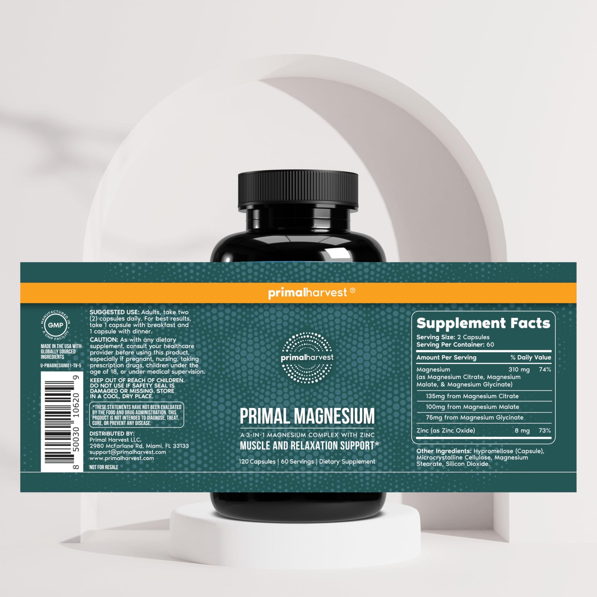 Magnesium Supplement Complex 310mg by Primal Harvest with Magnesium Glycinate, Citrate, Malate, and Zinc 120 Capsules Primal Harvest uk supplements