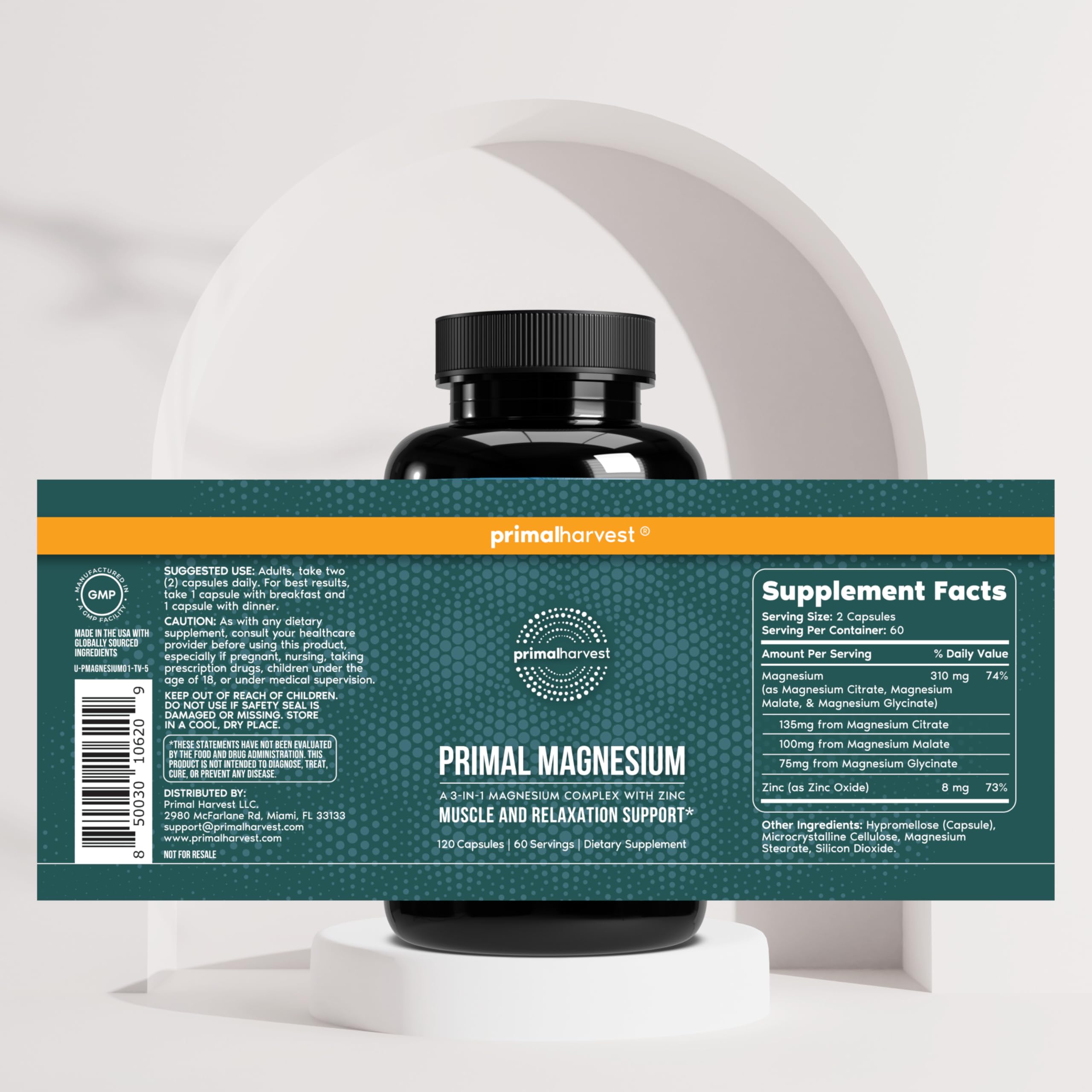 Magnesium Supplement Complex 310mg by Primal Harvest with Magnesium Glycinate, Citrate, Malate, and Zinc 120 Capsules Primal Harvest uk supplements