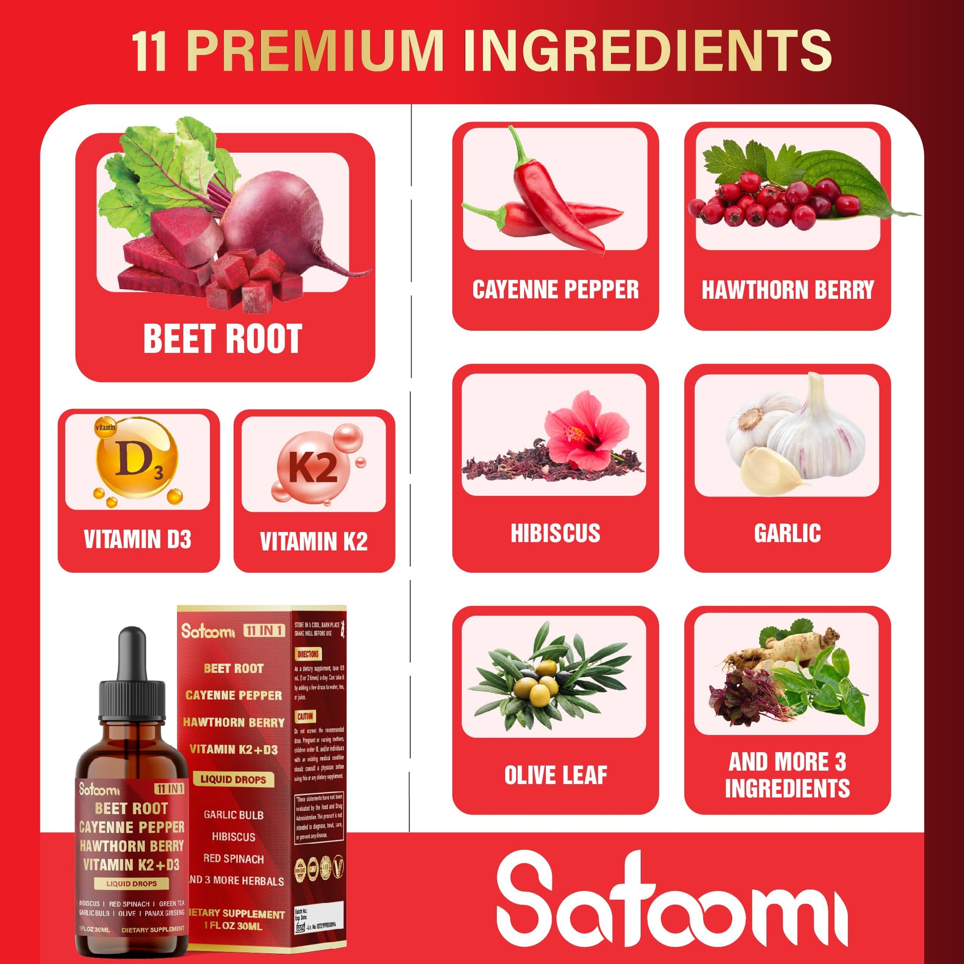 11in1 Beet Root Liquid Drops Supplement with Formula with D3, K2, Hawthorn, Red Spinach, Garlic & Green Tea and More - Supports Immune & Vitality - 1 FL Oz - for 60 Days Satoomi uk supplements
