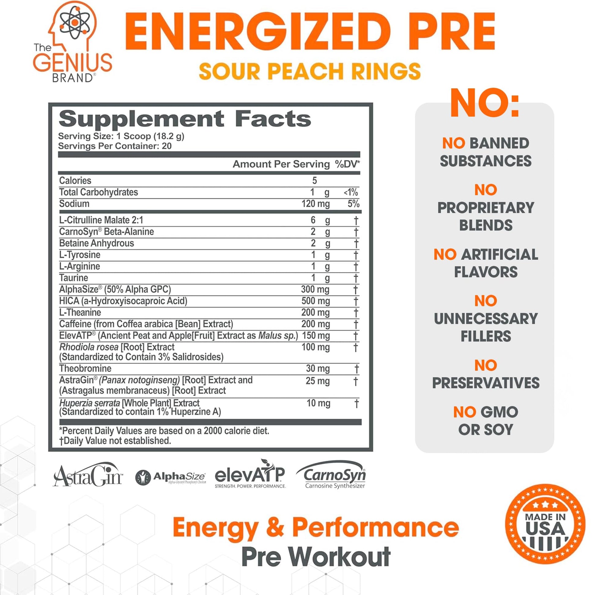 Genius Energized Pre Workout Powder – Caffeine Infused Pre-Workout Booster Supplement with Beta Alanine & Alpha GPC, No Artificial Sweeteners or Dyes - 200mg Caffeine, 20 Servings, Sour Peach Rings The Genius Brand uk supplements