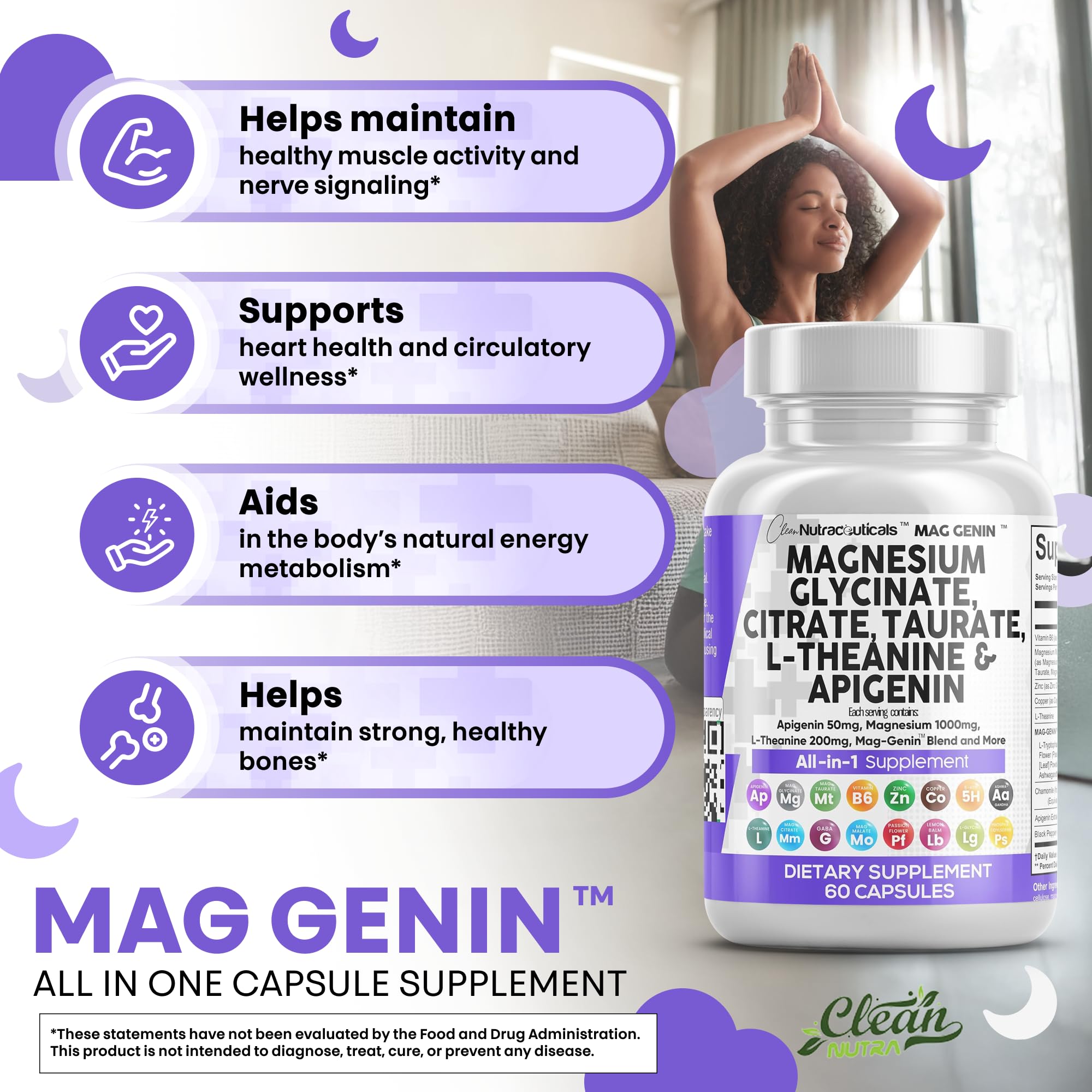 Clean Nutraceuticals Magnesium Glycinate Complex 1000mg with L-Theanine 200mg Apigenin 50mg Citrate Taurate Supplement - 5-HTP GABA Passion Flower Lemon Balm L-Glycine Phosphatidylserine - 60 Count Clean Nutraceuticals uk supplements