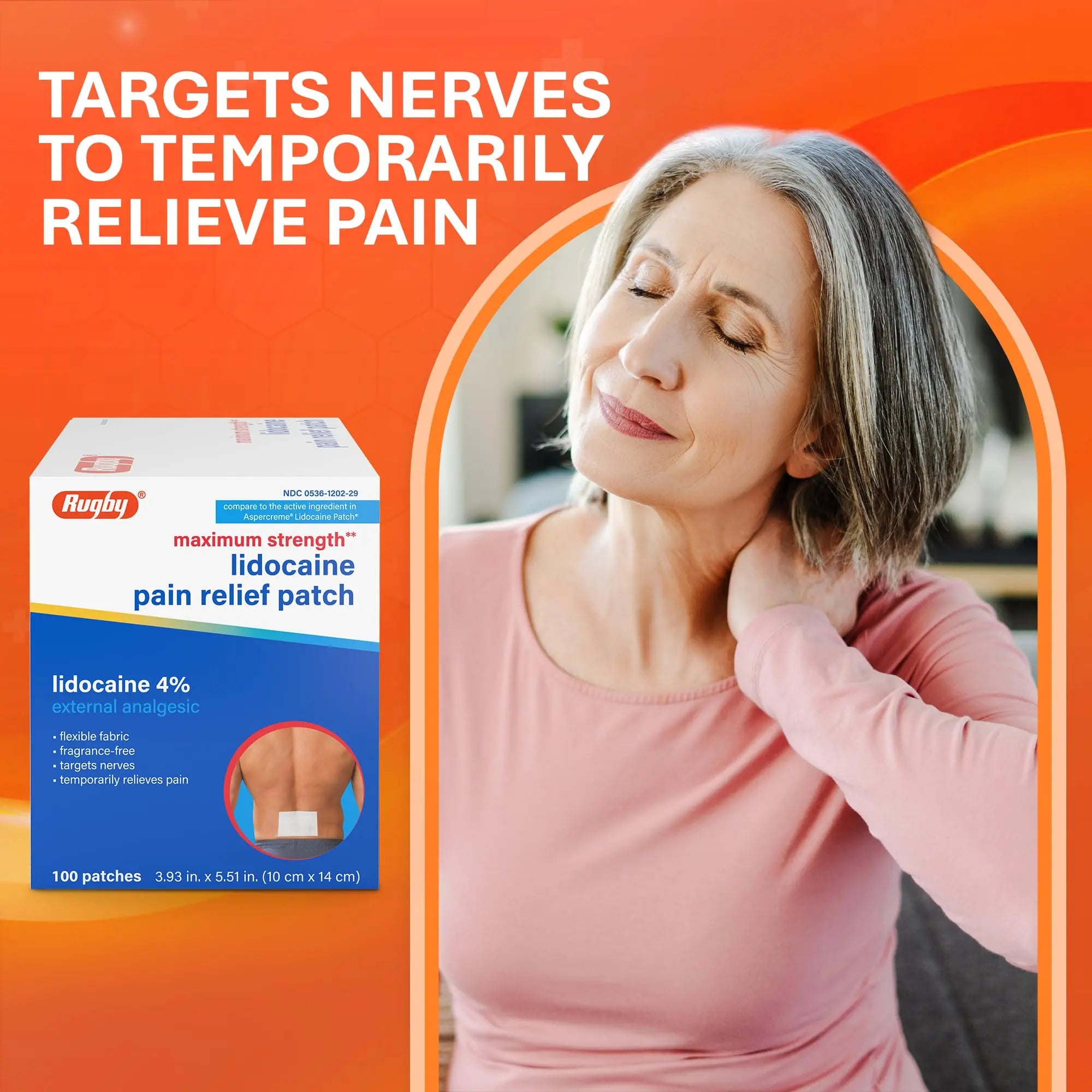 Rugby Maximum Strength 4% Lidocaine Pain Relief Patch- External Analgesic - Flexible Fabric, Fragrance-Free - Temporarily Relieves Pain - 100 Patches (10 cm x 14 cm Each) RUGBY LABORATORIES uk supplements