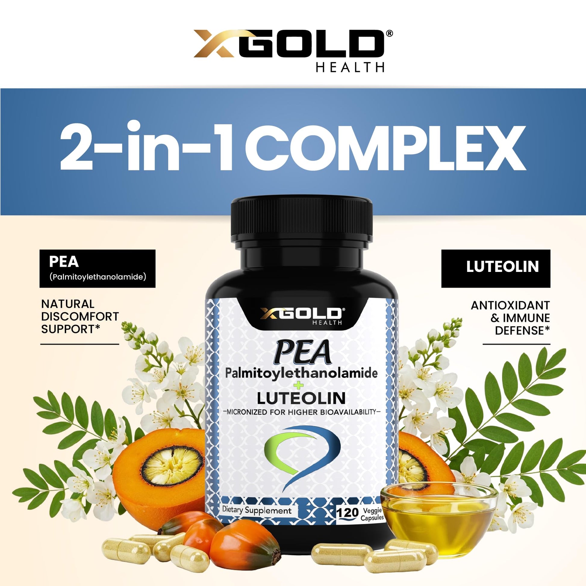 Palmitoylethanolamide 630 mg + Luteolin Standardized 98%- Micronized Pea 99% Highly Purified and Bioavailable - Made in USA - Supplement for Men and Women - 120 Veggie Capsules X Gold Health uk supplements