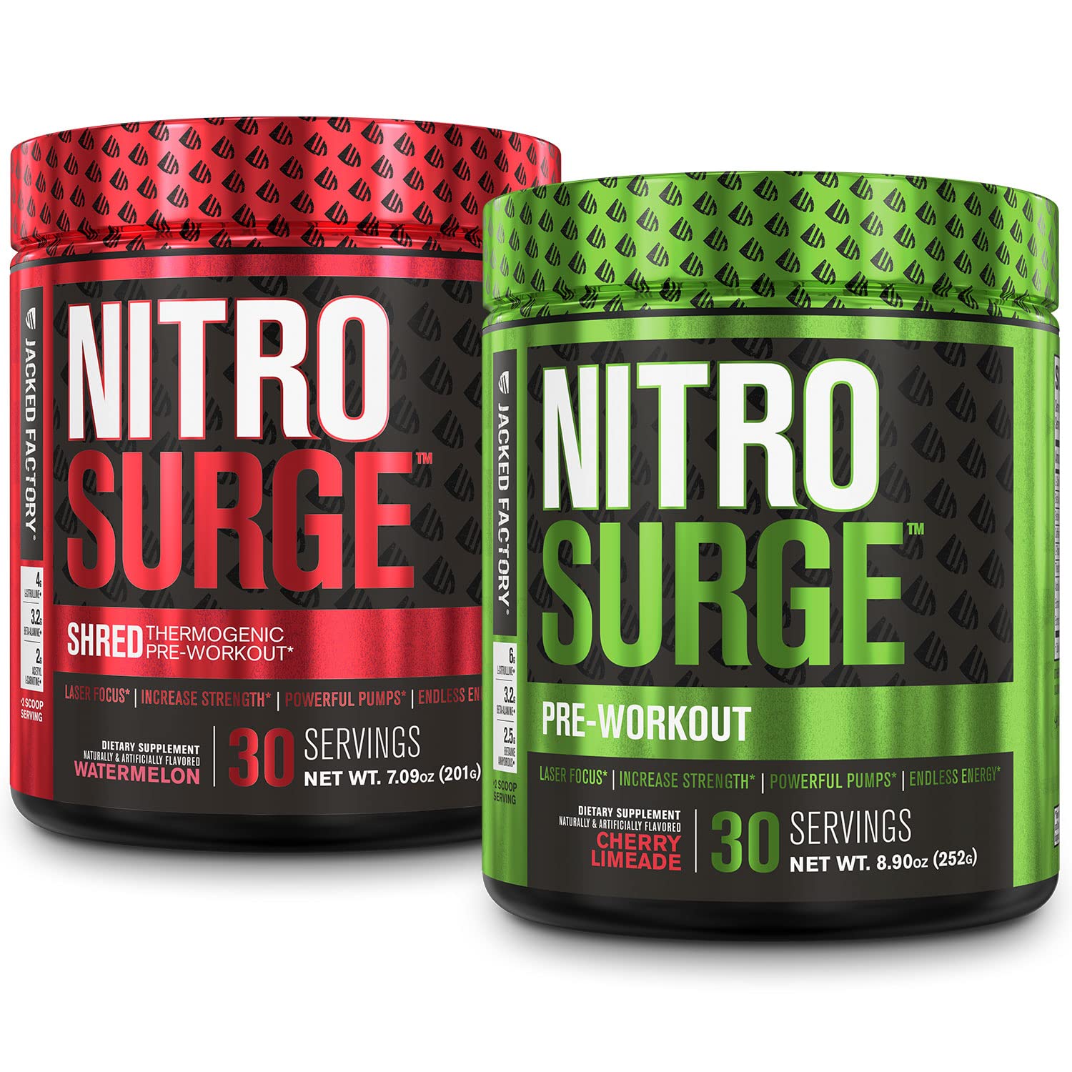 Jacked Factory Nitrosurge Pre-Workout in Cherry Limeade & Watermelon Nitrosurge Shred Jacked Factory uk supplements