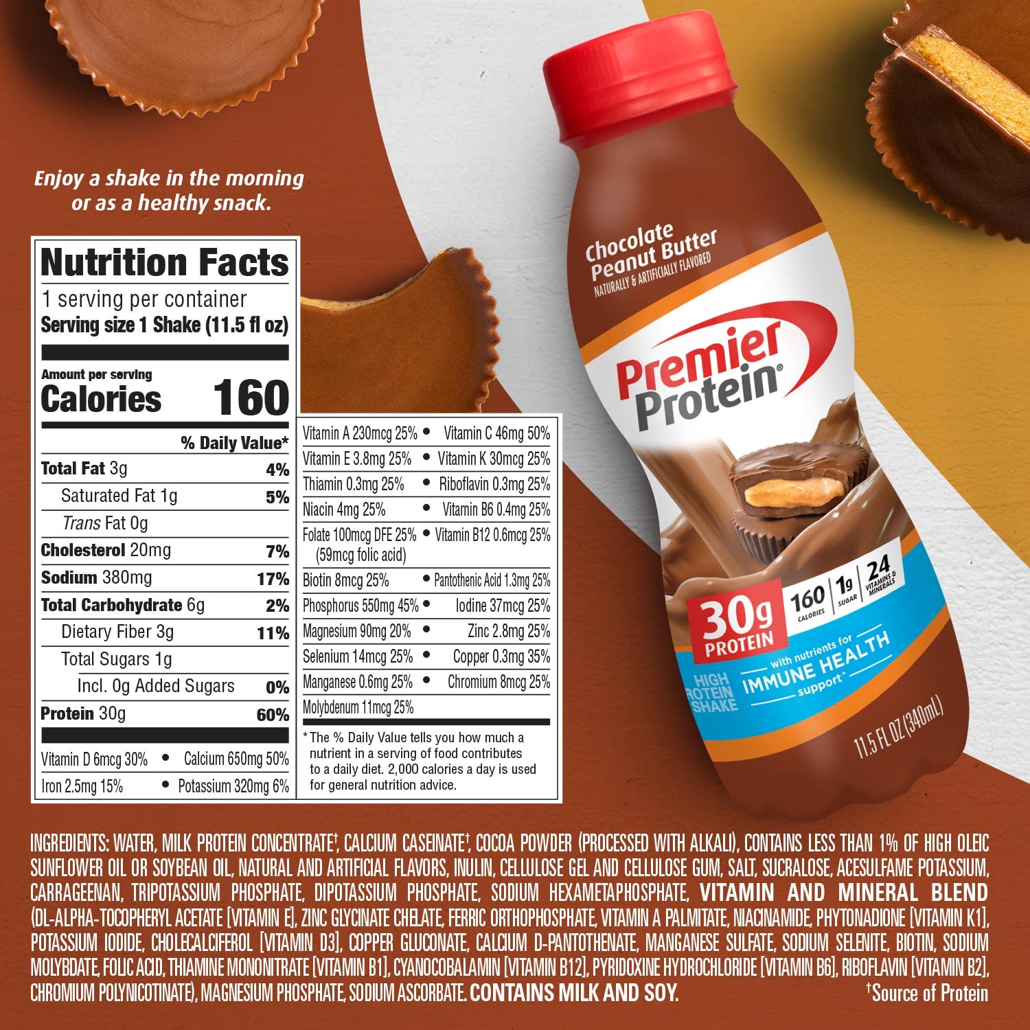 Premier Protein Shake, Chocolate Peanut Butter Liquid, 30g Protein, 1g Sugar, 24 Vitamins Premier Protein uk supplements