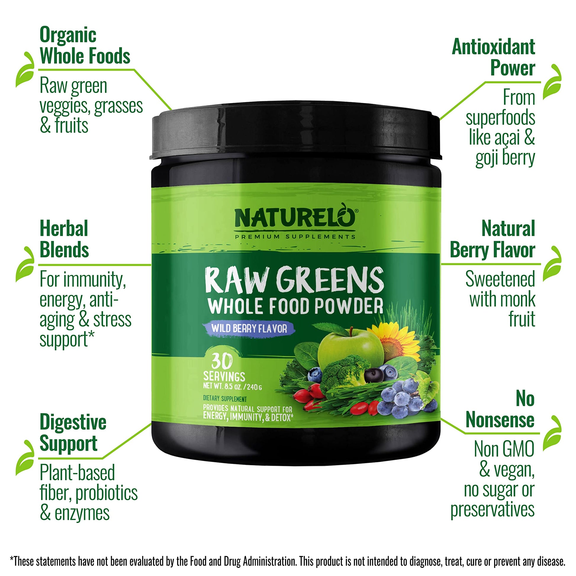 NATURELO Raw Greens Superfood Powder - Wild Berry Flavor - Boost Ener NATURELO uk supplements