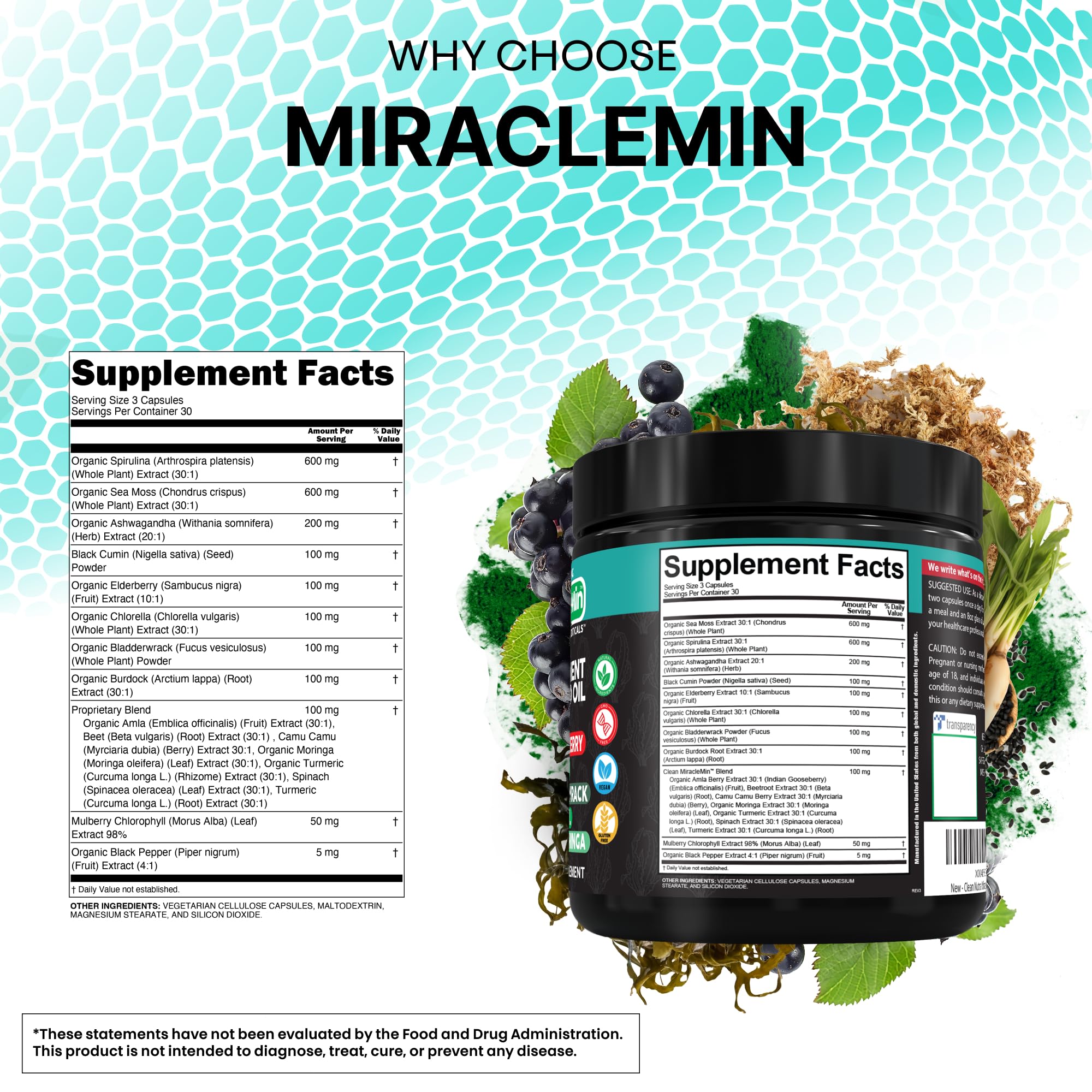 Clean Nutra Organic Sea Moss Capsules with Ashwagandha, Black Seed Oil, Burdock Root, Bladderwrack, Moringa, Chlorella, Spirulina, Turmeric, Elderberry, Amla – 90 Vegan Capsules – MiracleMin Clean Nutraceuticals uk supplements