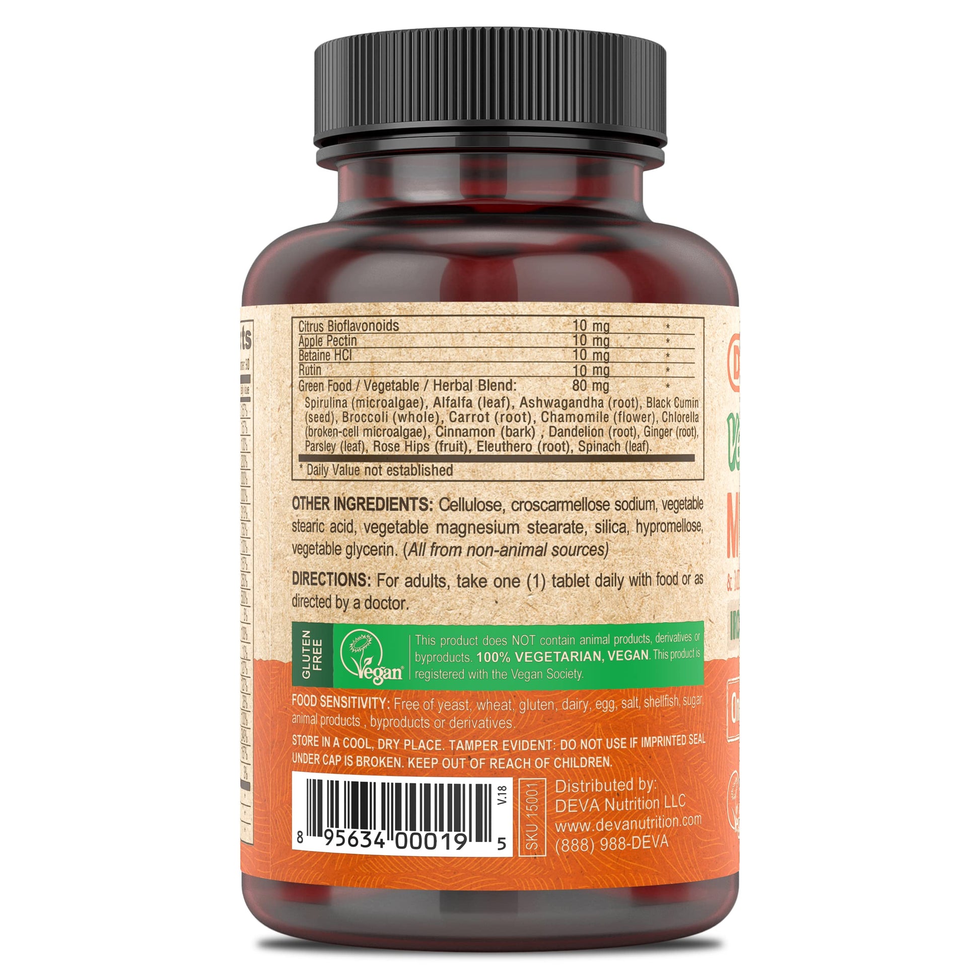 DEVA Vegan Iron-Free Multivitamin & Mineral Supplement, Green Food Blend, Spirulina, Chlorella, Ashwagandha, Broccoli, 90 Coated Tablets DEVA uk supplements