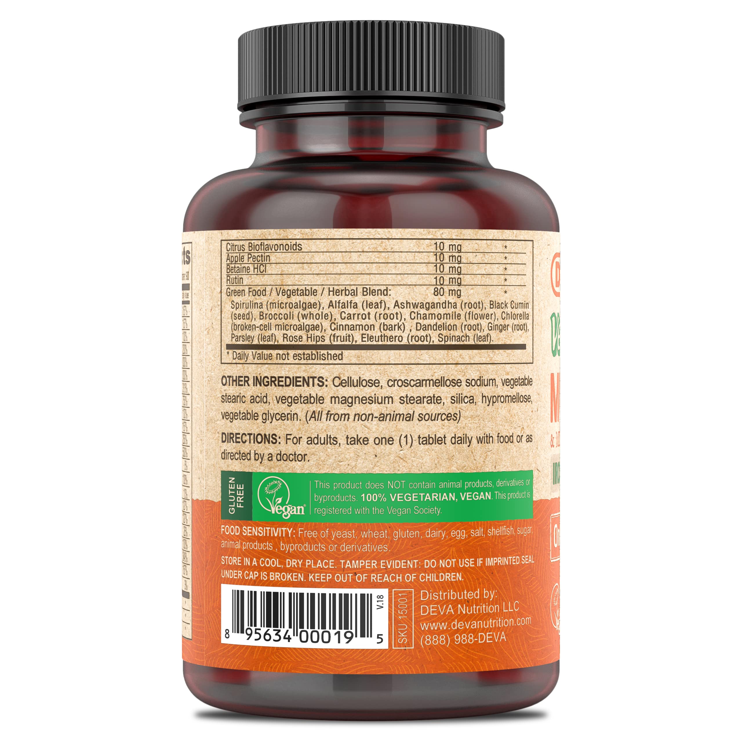 DEVA Vegan Iron-Free Multivitamin & Mineral Supplement, Green Food Blend, Spirulina, Chlorella, Ashwagandha, Broccoli, 90 Coated Tablets DEVA uk supplements
