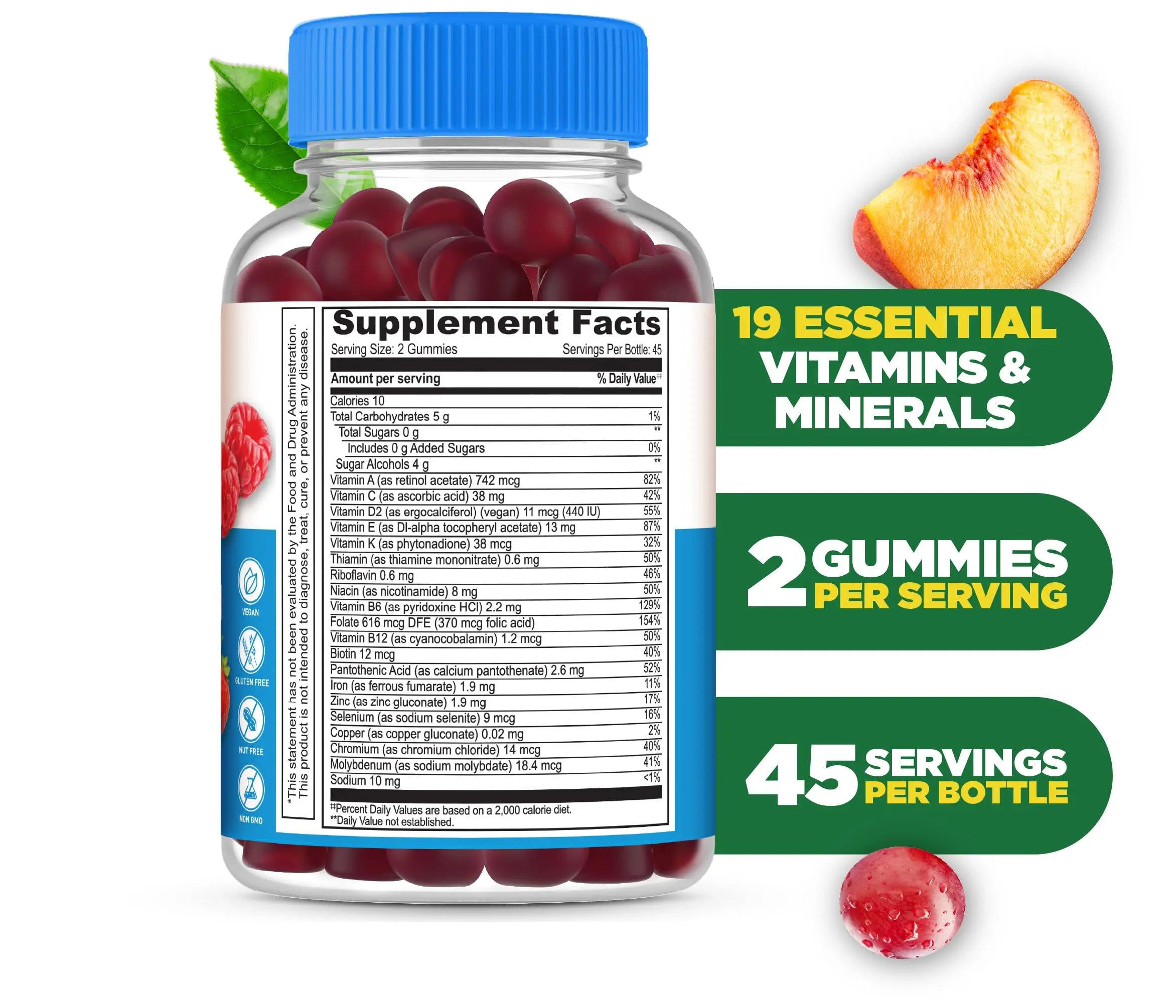 Lifeable Sugar Free Multivitamin Gummies | with Iron Vitamin A, C, D, E, Niacin, B6, Folate, B12, Biotin, Pantothenic Acid, Zinc | Lifeable uk supplements