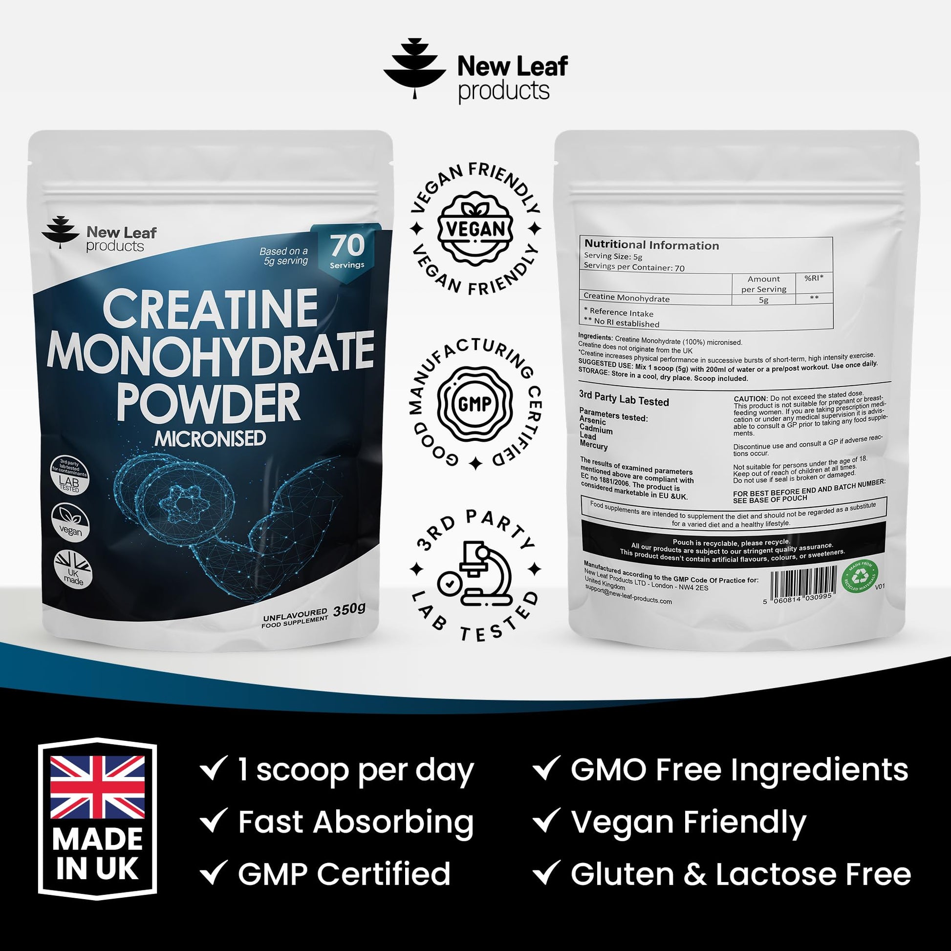 Creatine Monohydrate Powder 100% Pure Micronized Creatine - 350g Increased Absorption NEW LEAF PRODUCTS uk supplements