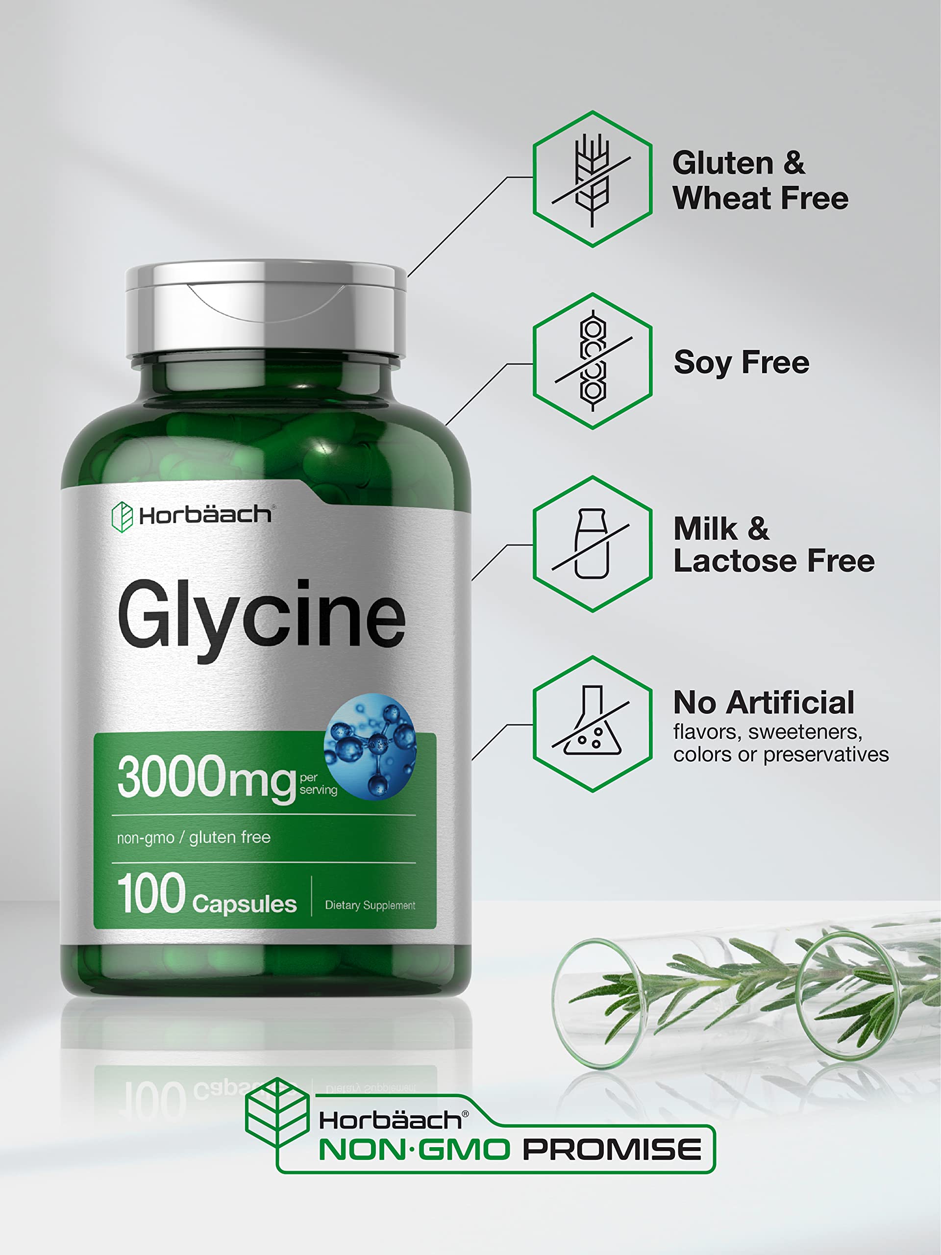 Glycine 3000 mg 100 Capsules | Non-GMO, Gluten Free Glycine Supplement | by Horbaach Horbäach uk supplements