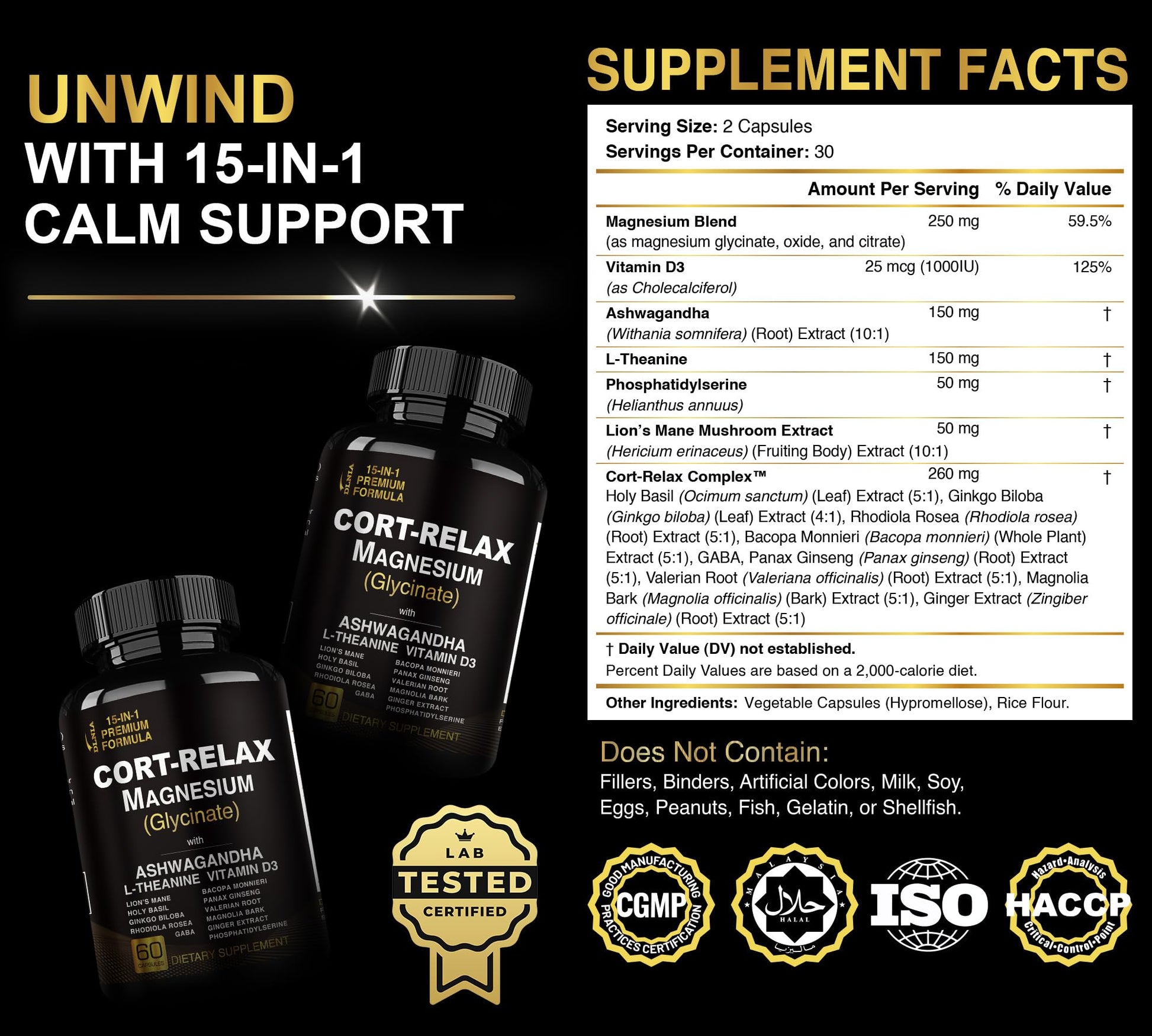 Super Calm Cortisol Supplements for Women & Men with Magnesium Glycinate, Ashwagandha, L-Theanine, Phosphatidylserine, Ginkgo & Lions Mane for Calm, Focus, Mental Clarity, Relaxation, Sleep, Energy DLNIA uk supplements