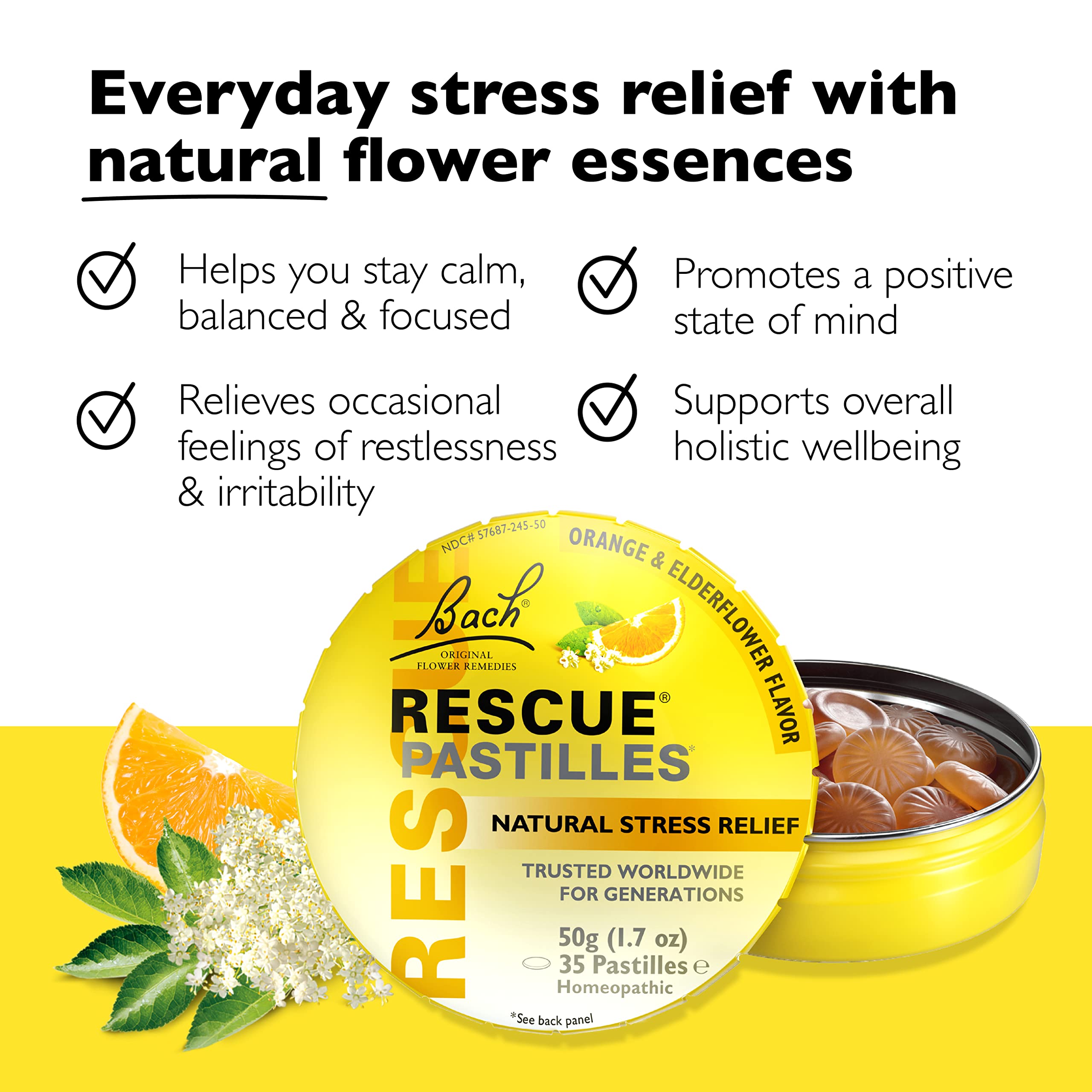 Bach RESCUE PASTILLES, Orange and Elderflower Flavor, Natural Stress RESCUE uk supplements
