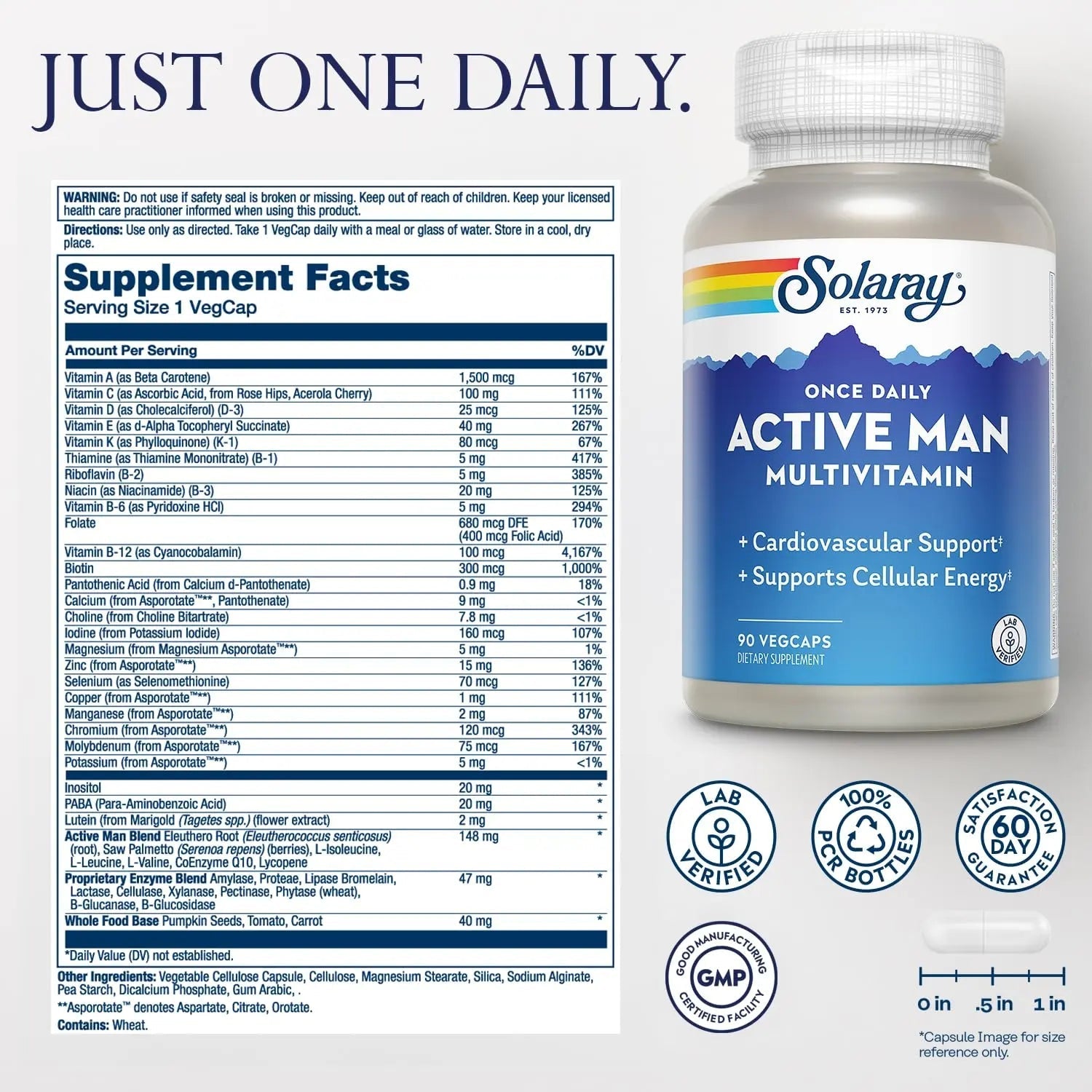 SOLARAY Once Daily Active Man Multivitamin - Cellular Energy and Immune Support Supplement w/Vitamin D, Vitamin C, B12, B6, Zinc, Lutein SOLARAY uk supplements