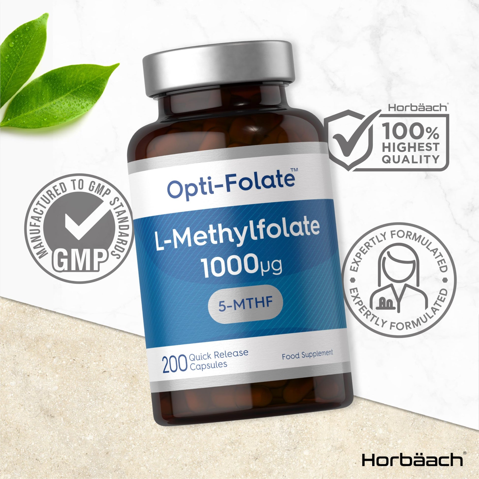L-Methylfolate 1000ug | 200 Capsules | 5-MTHF Folate Supplement | Active Form Horbäach uk supplements