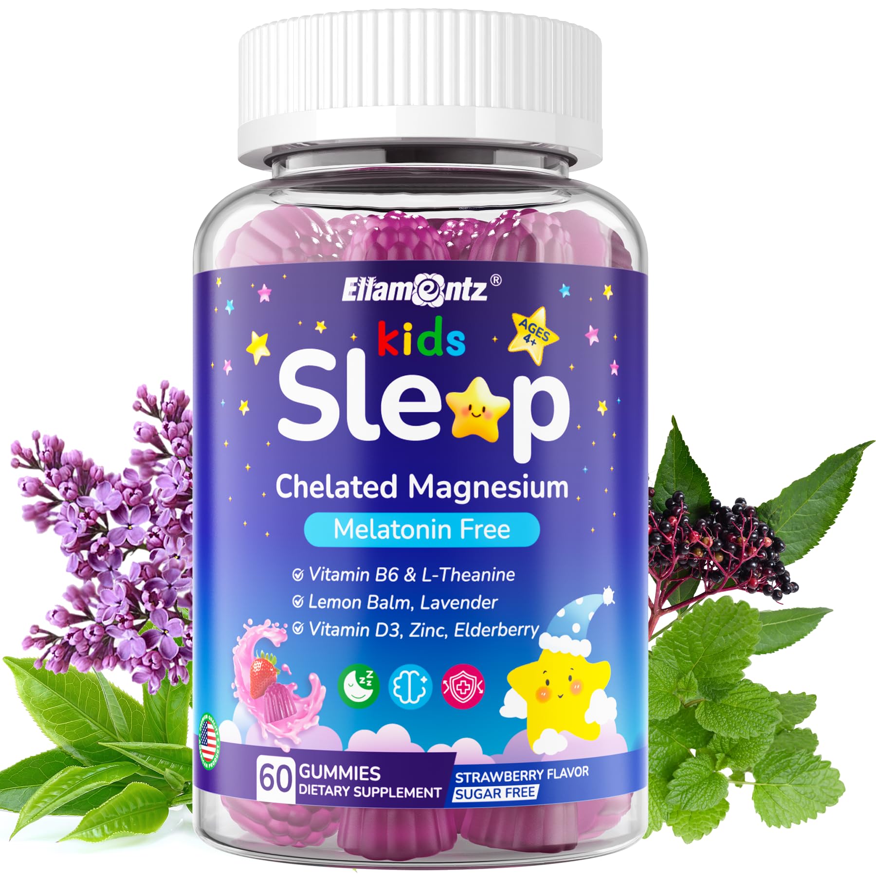 Kids Sleep Gummies, NO Melatonin Sleep Aid Gummies w/ Magnesium Glycinate, Magnesium Malate, L-Theanine, Lavender, B6, Zinc, D3K2 for Restful Sleep, Relax Brain & Muscle, Immune Support, Non-GMO 1Pack ELLAMENTZ uk supplements